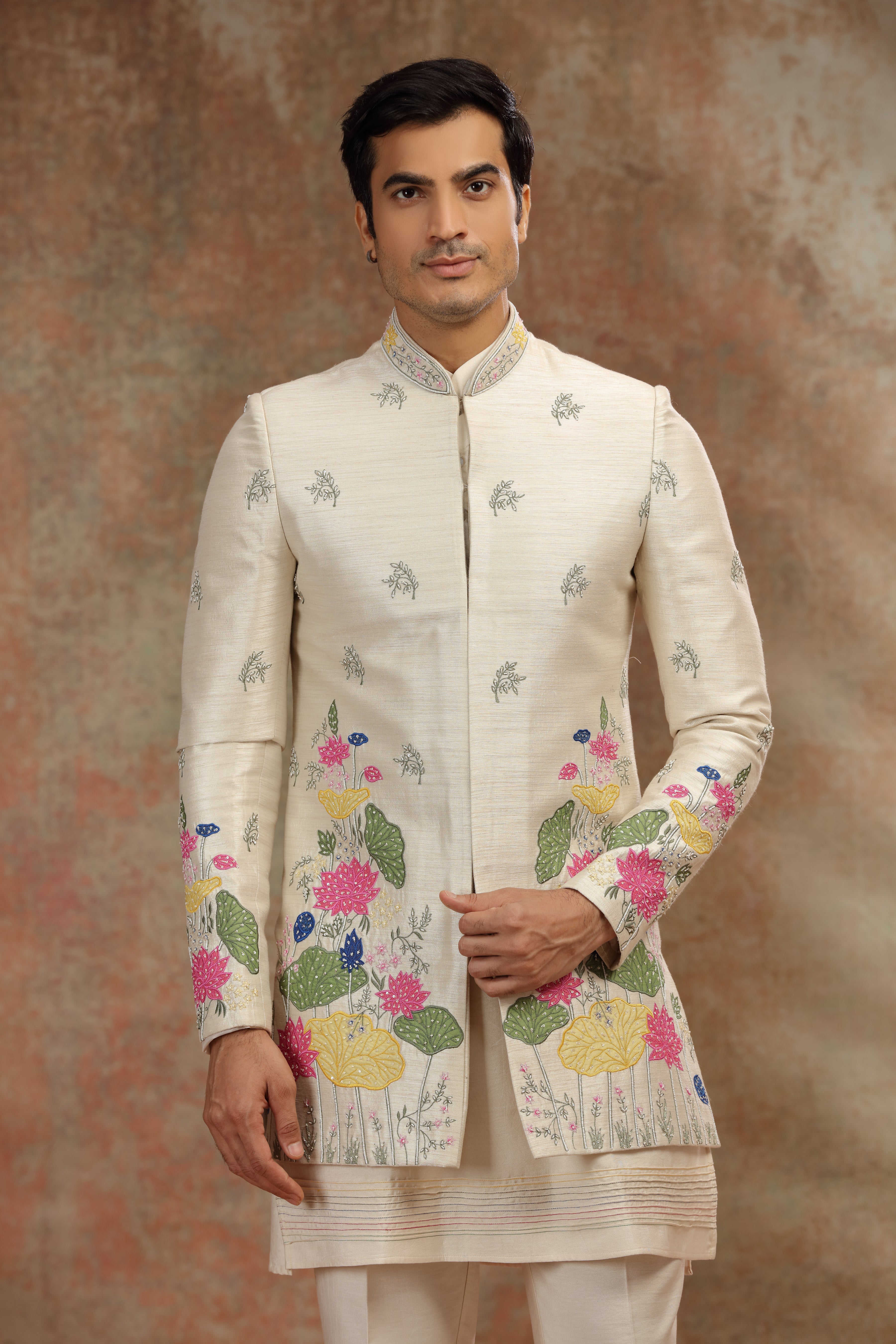 Light Beige Silk Tissue Indo Western with Patch Work