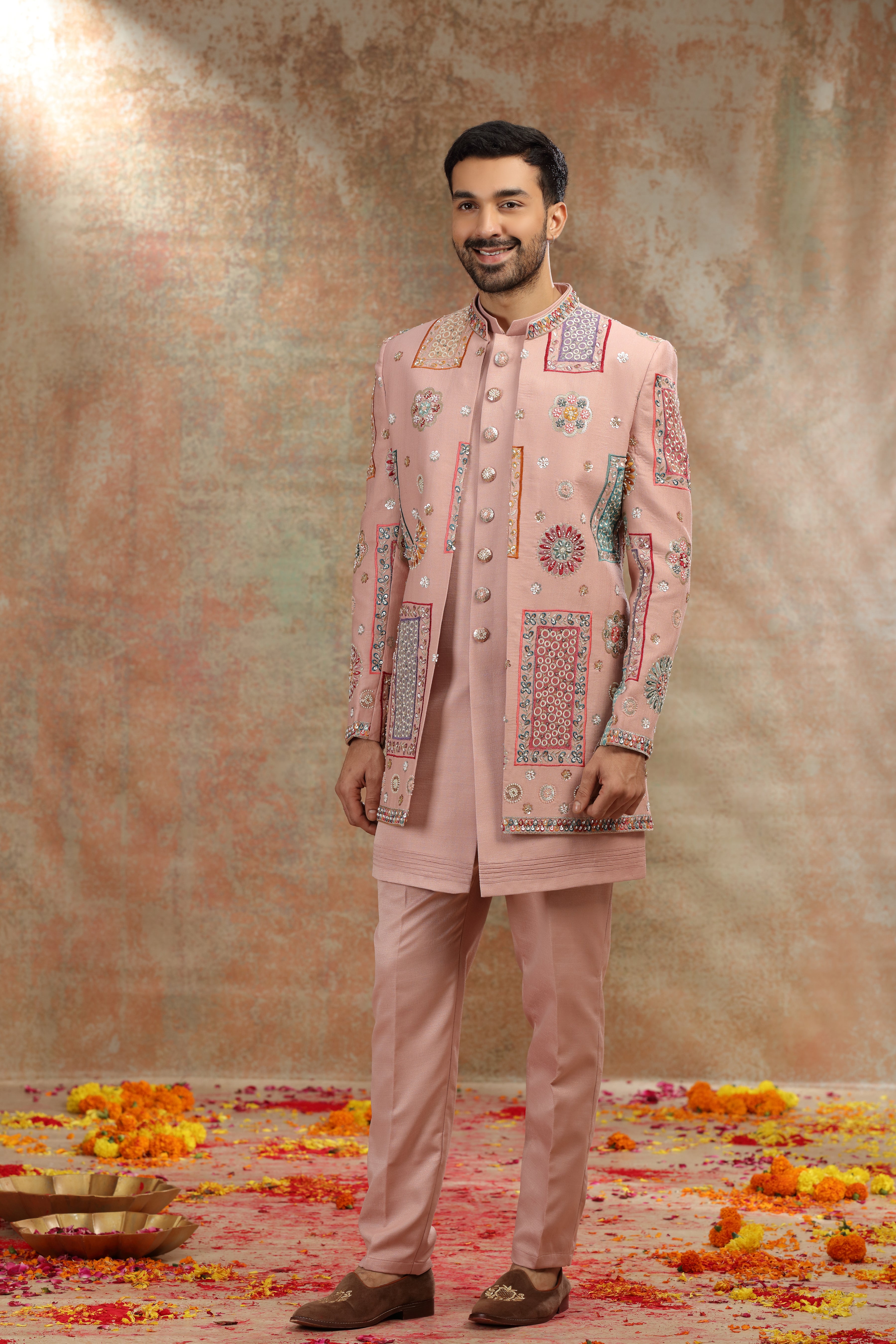 Onion Pink Silk Indo Western with Sequins Work