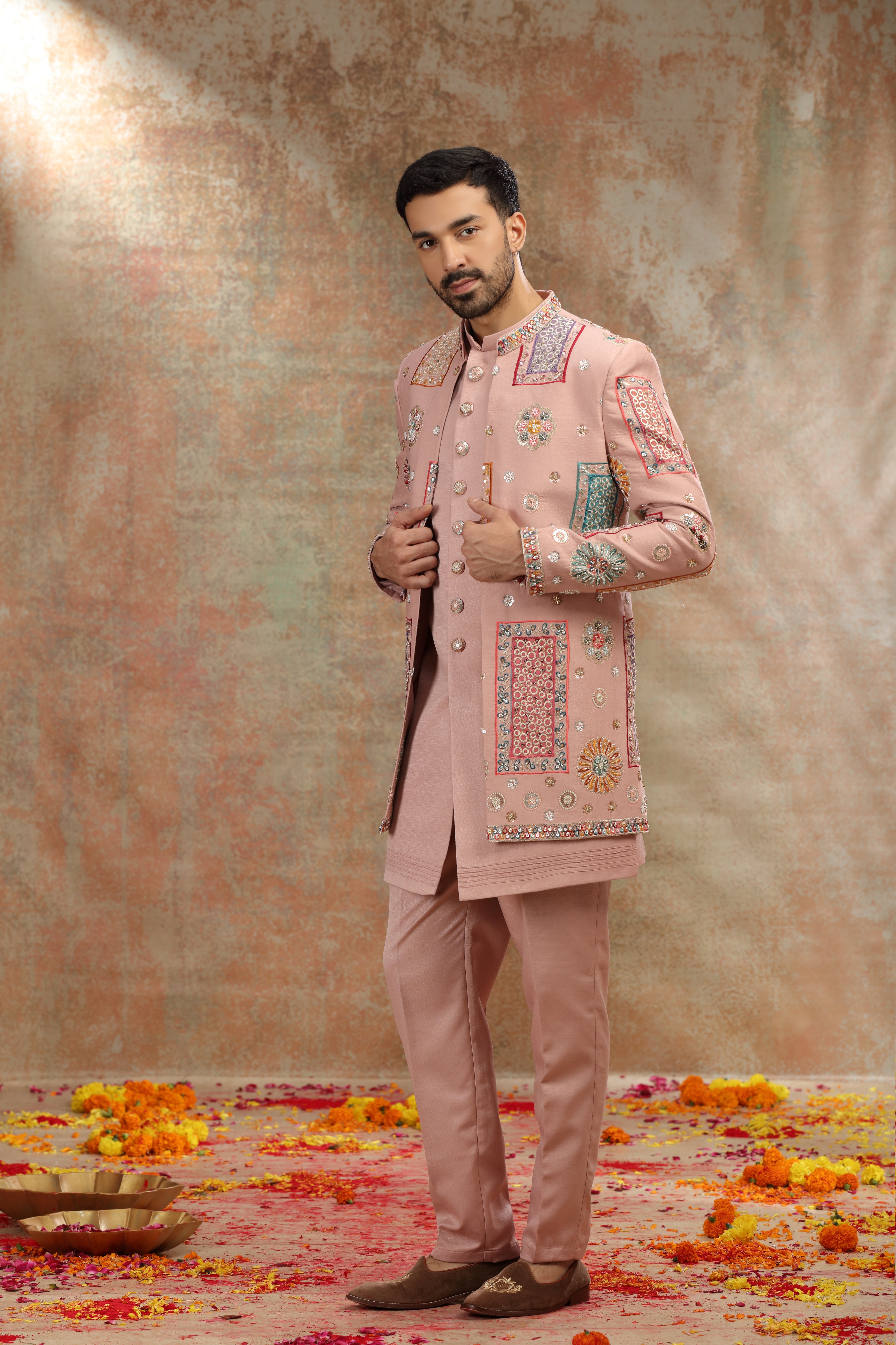 Onion Pink Silk Indo Western with Sequins Work