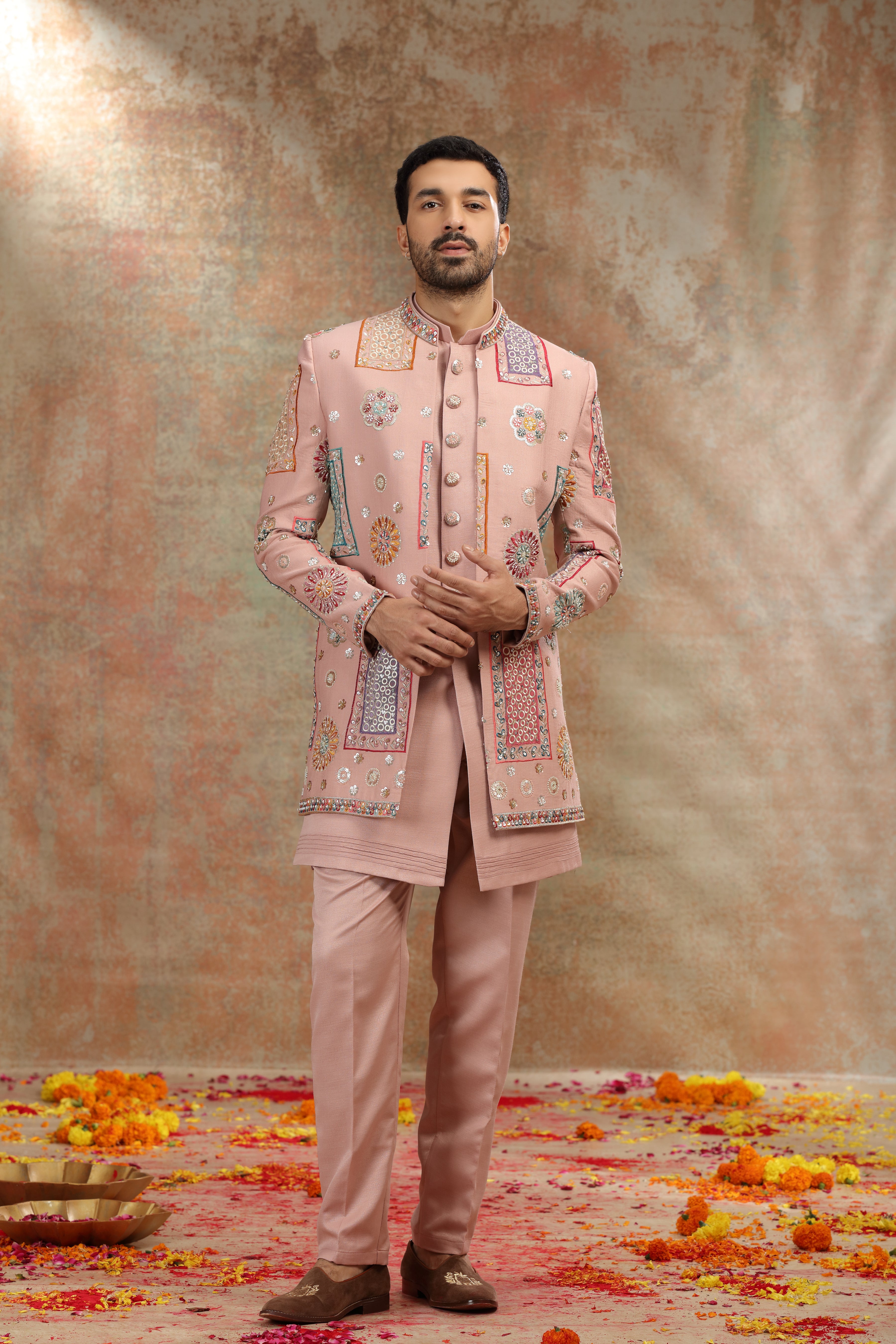 Onion Pink Silk Indo Western with Sequins Work