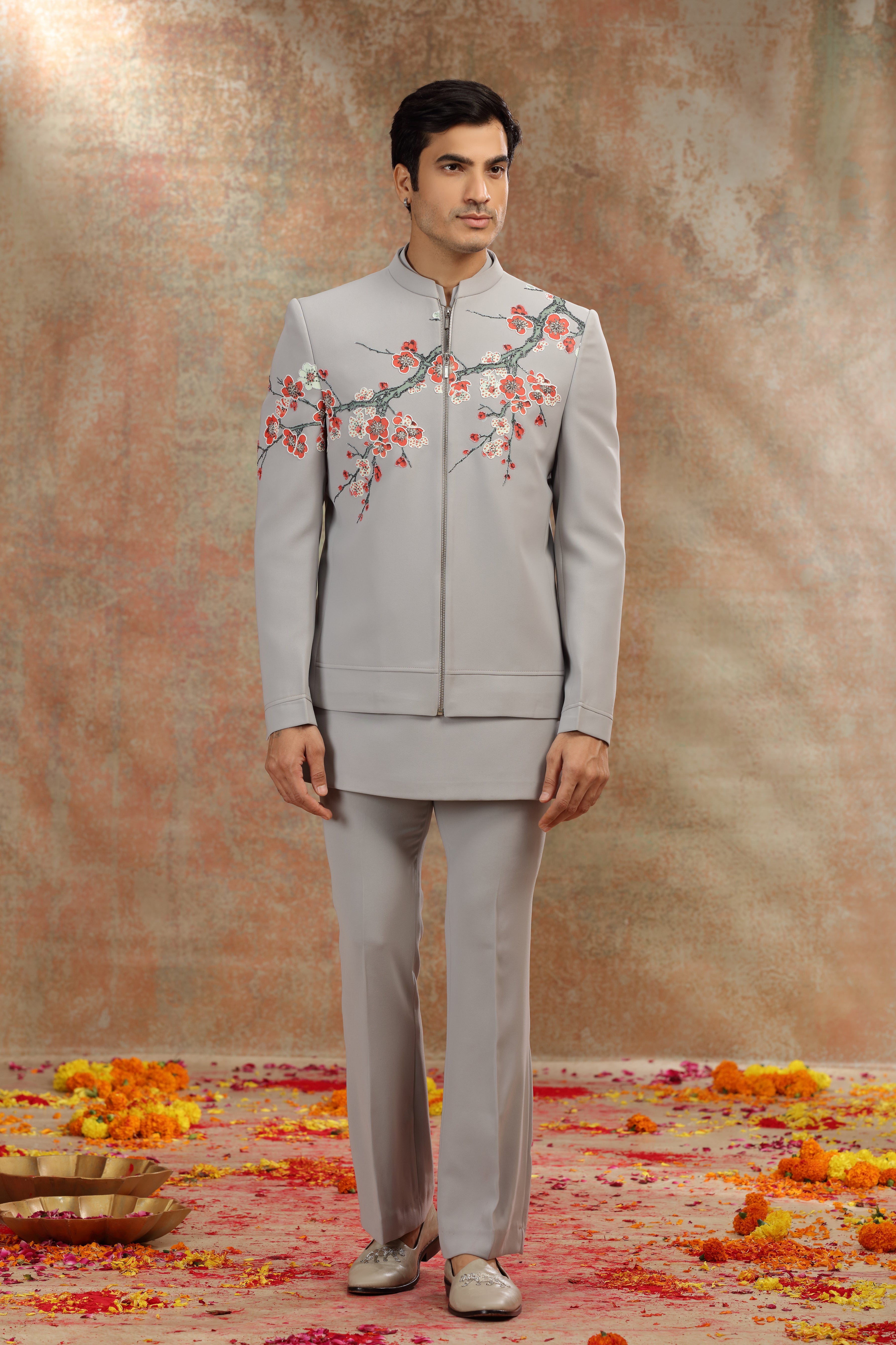 Gray Suiting Jodhpuri with Print, Resham Work
