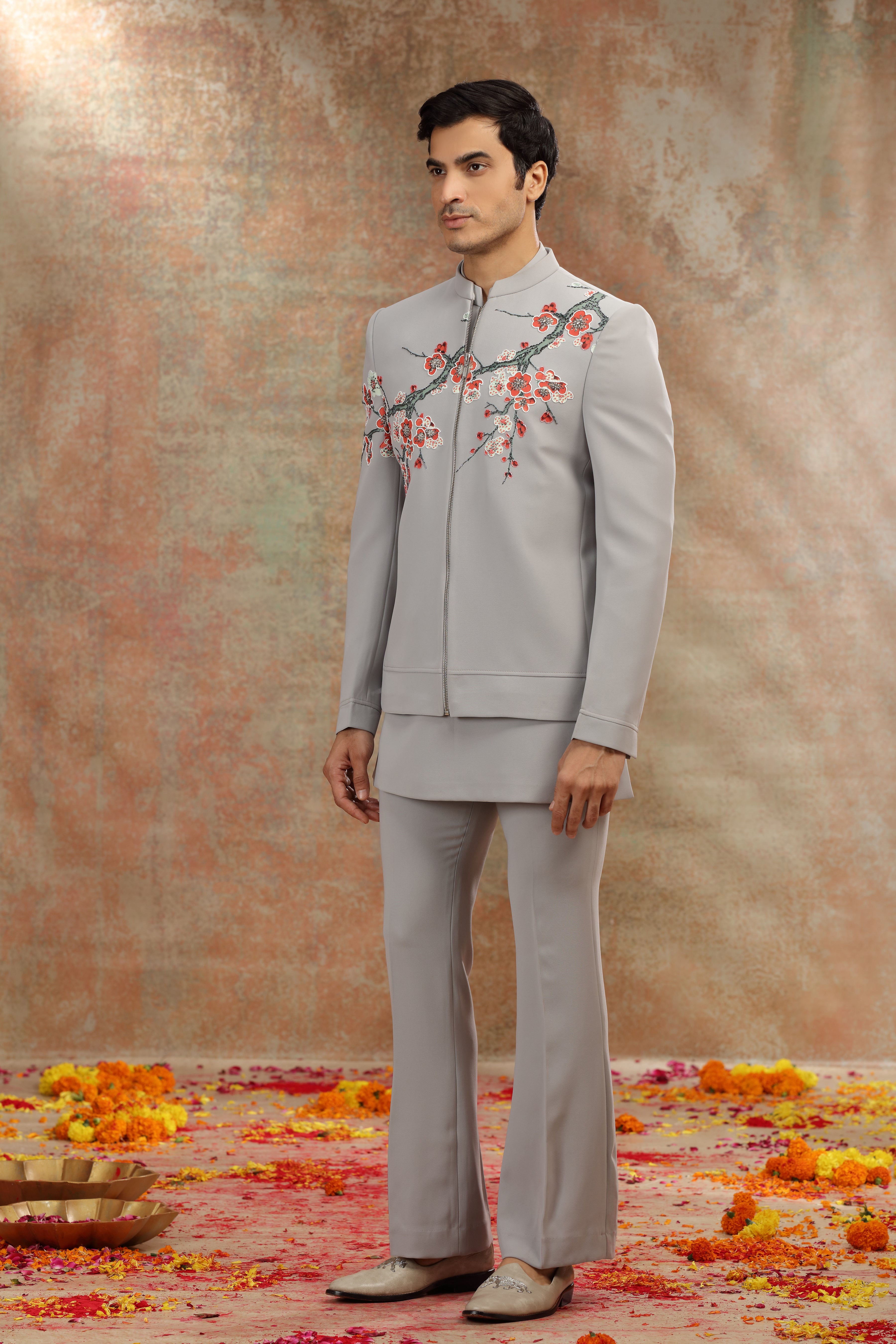 Gray Suiting Jodhpuri with Print, Resham Work