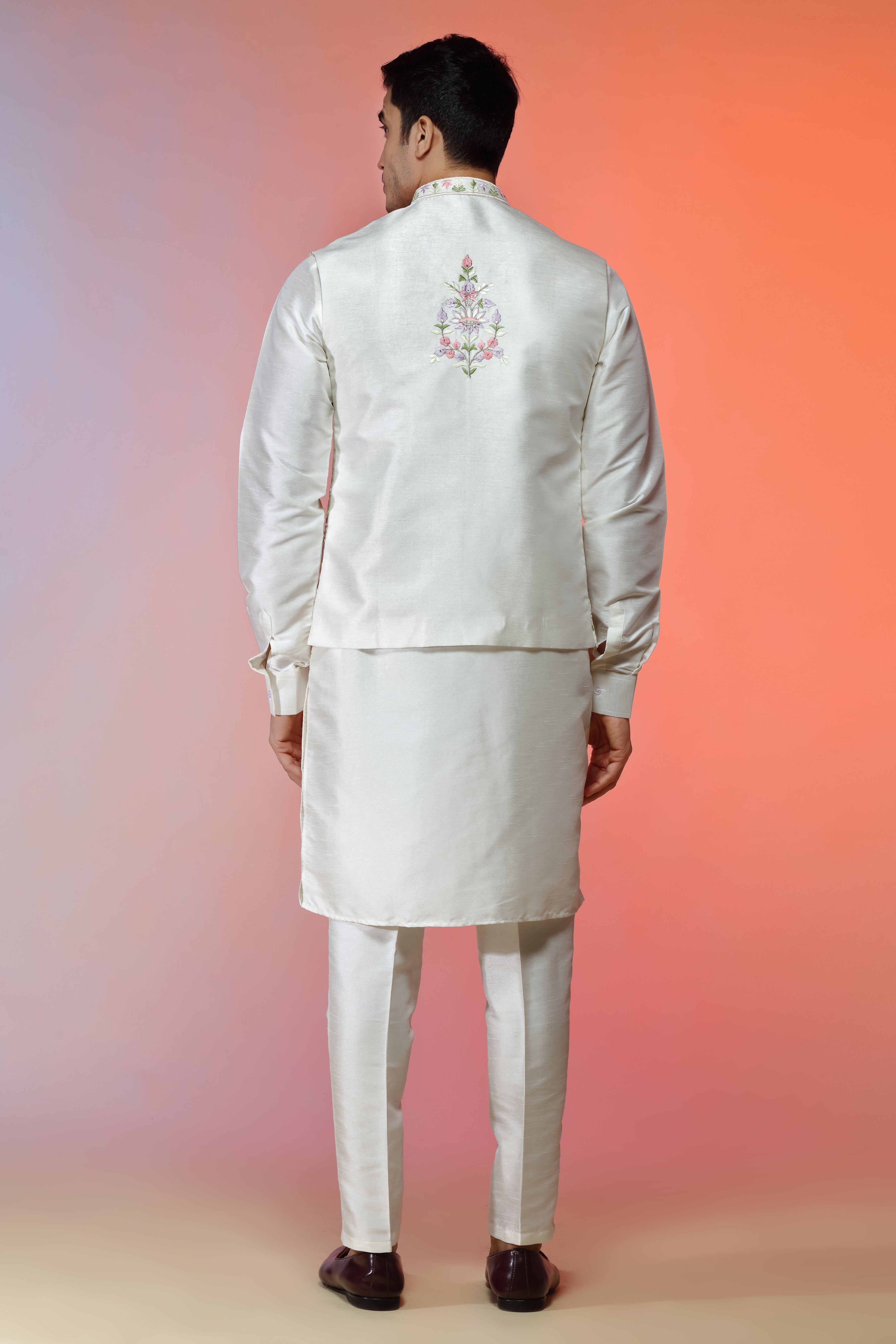 Ivory Silk Jacket Set In Floral Embroidery For Men - Shreeman