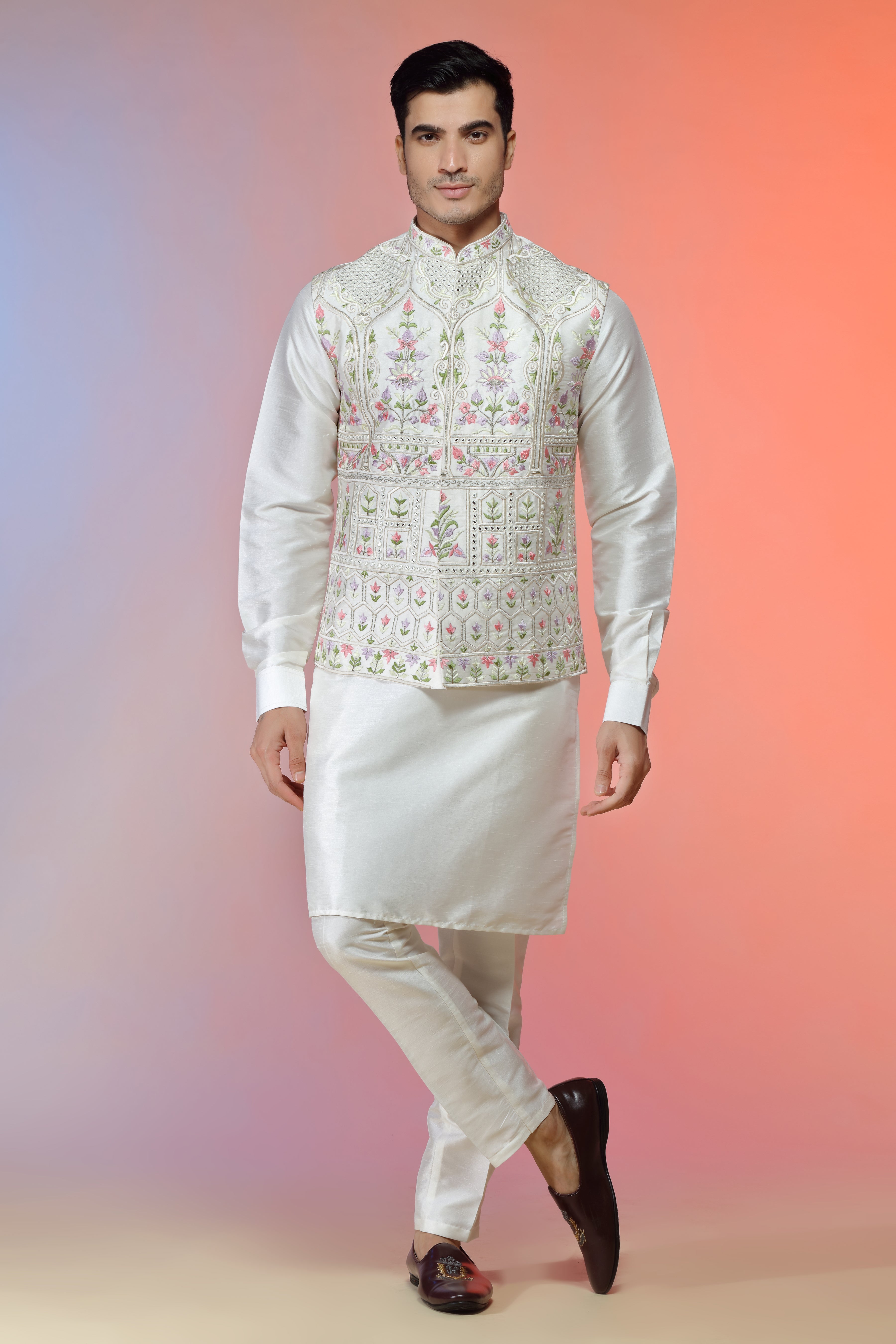 Ivory Silk Jacket Set In Floral Embroidery For Men - Shreeman