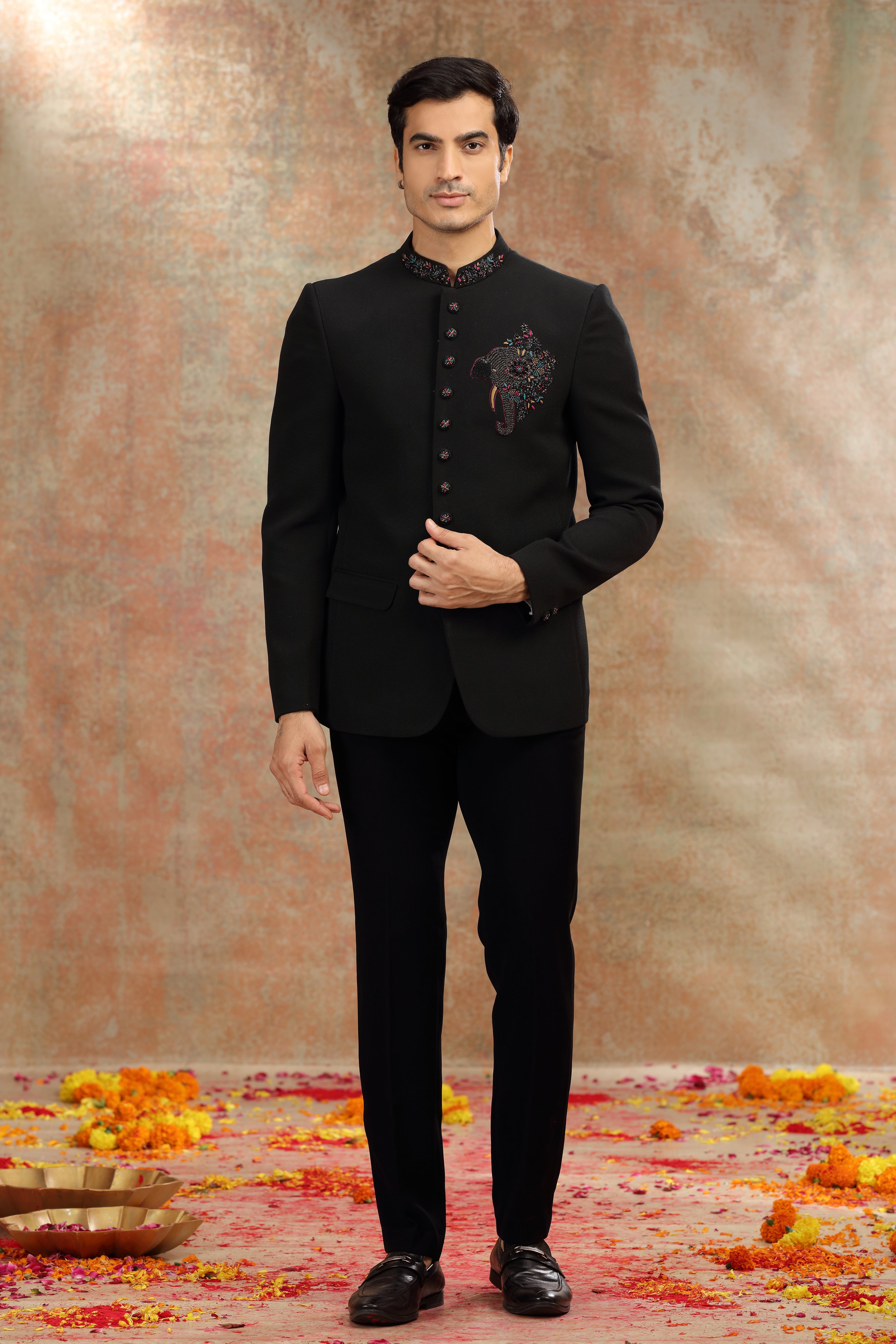 Black Suiting Jodhpuri Suit with Zardosi and Resham