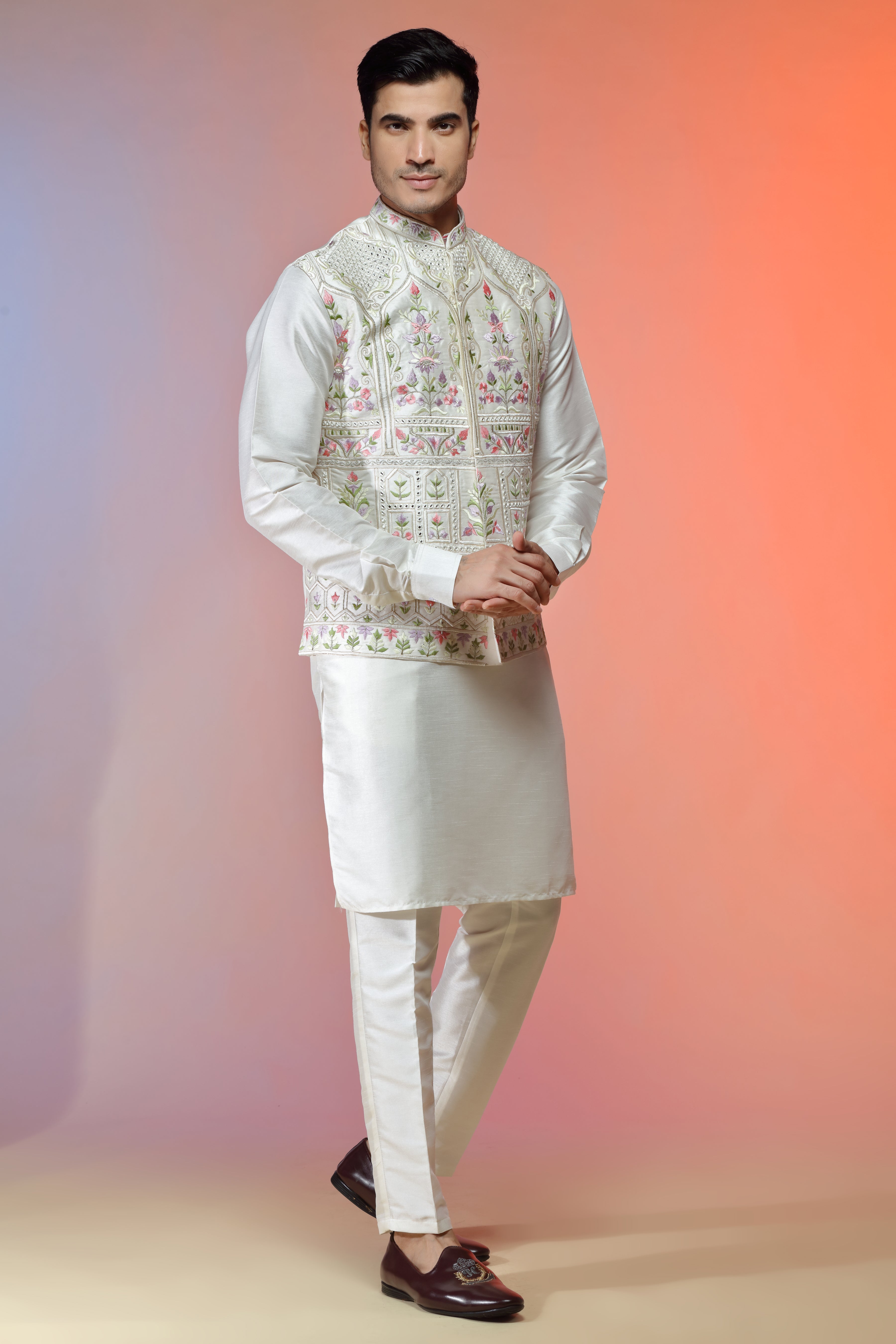 Ivory Silk Jacket Set In Floral Embroidery For Men - Shreeman