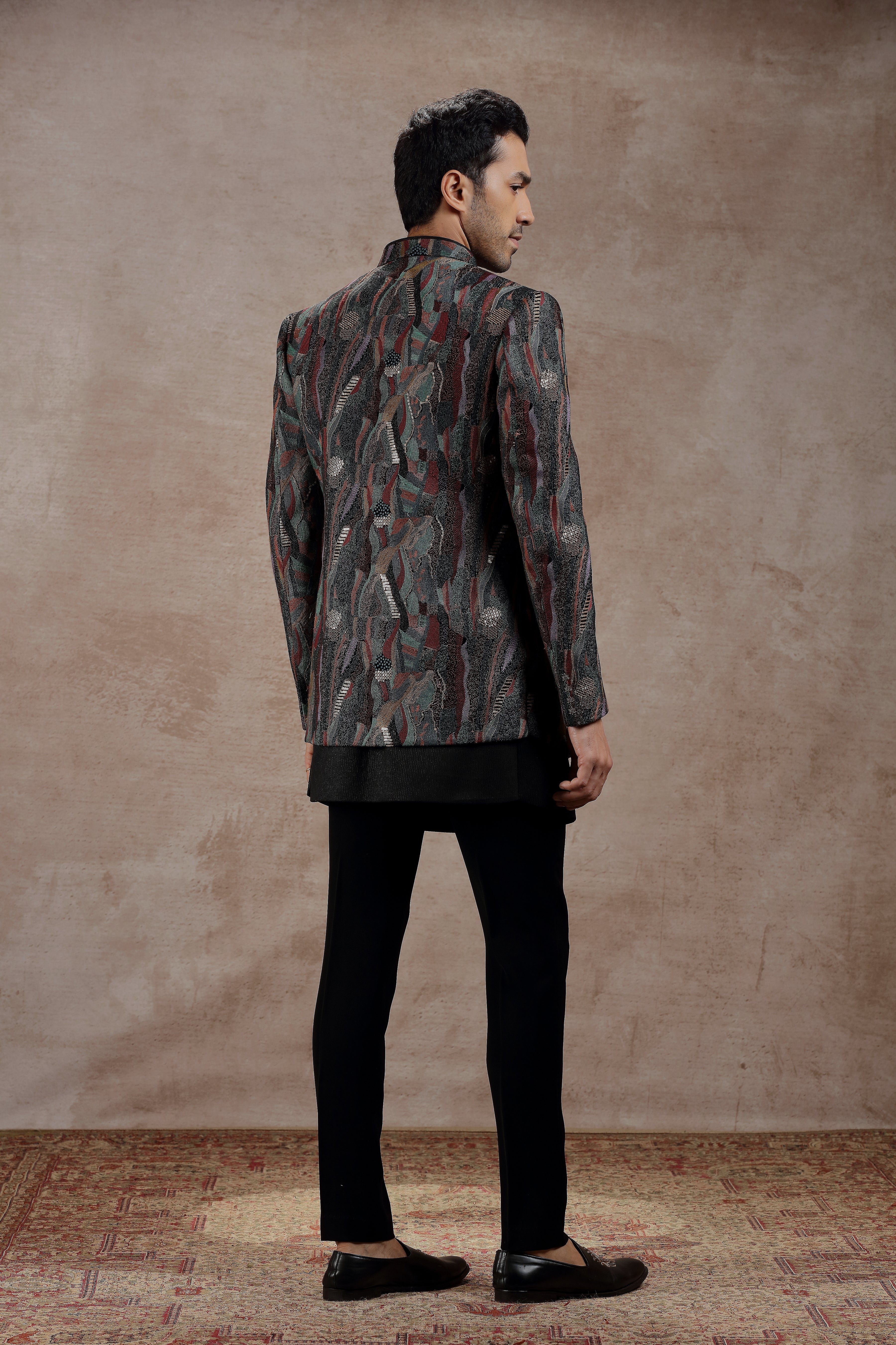 Black Silk Indowestern Set With Abstract Embroidery - Shreeman