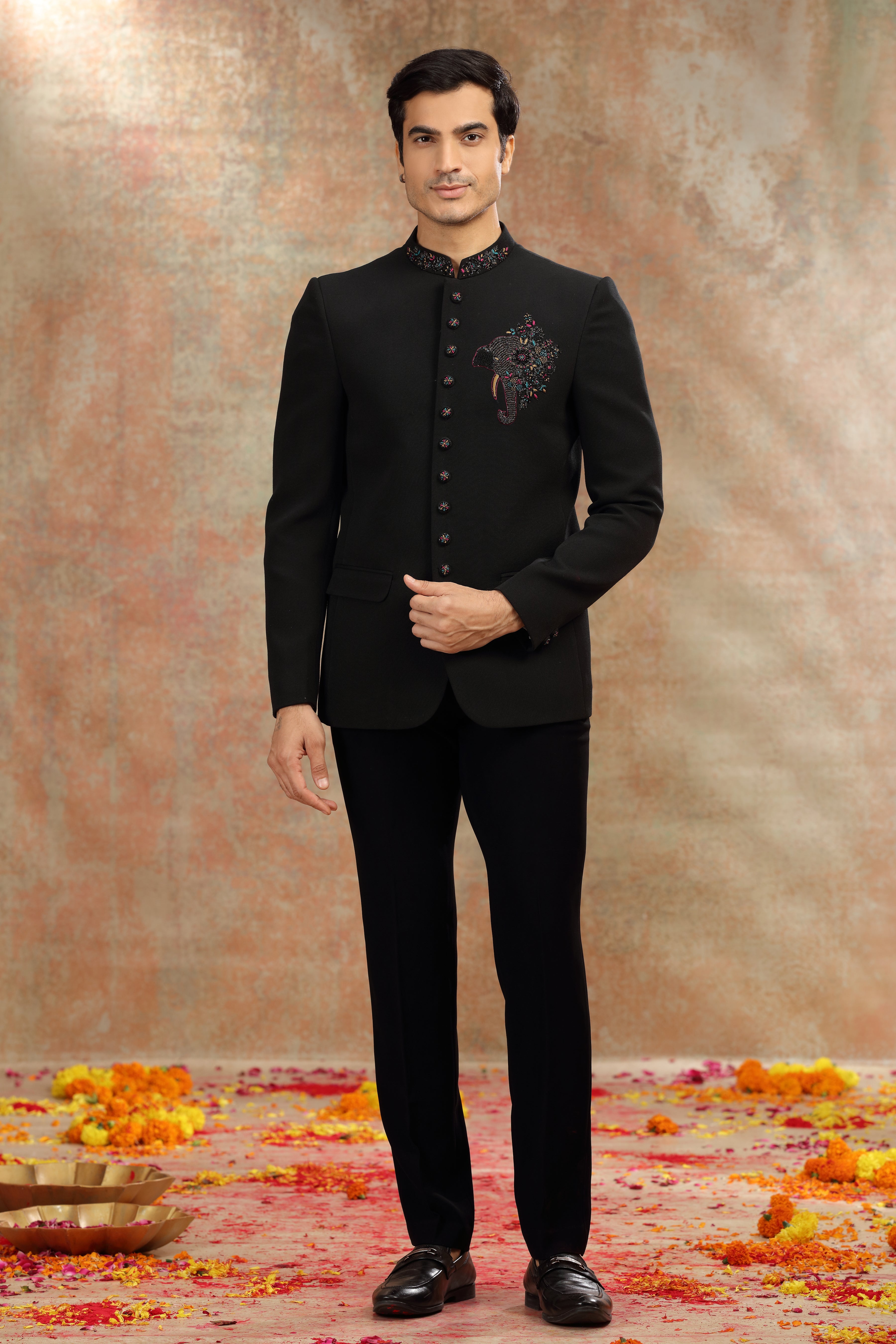 Black Suiting Jodhpuri Suit with Zardosi and Resham