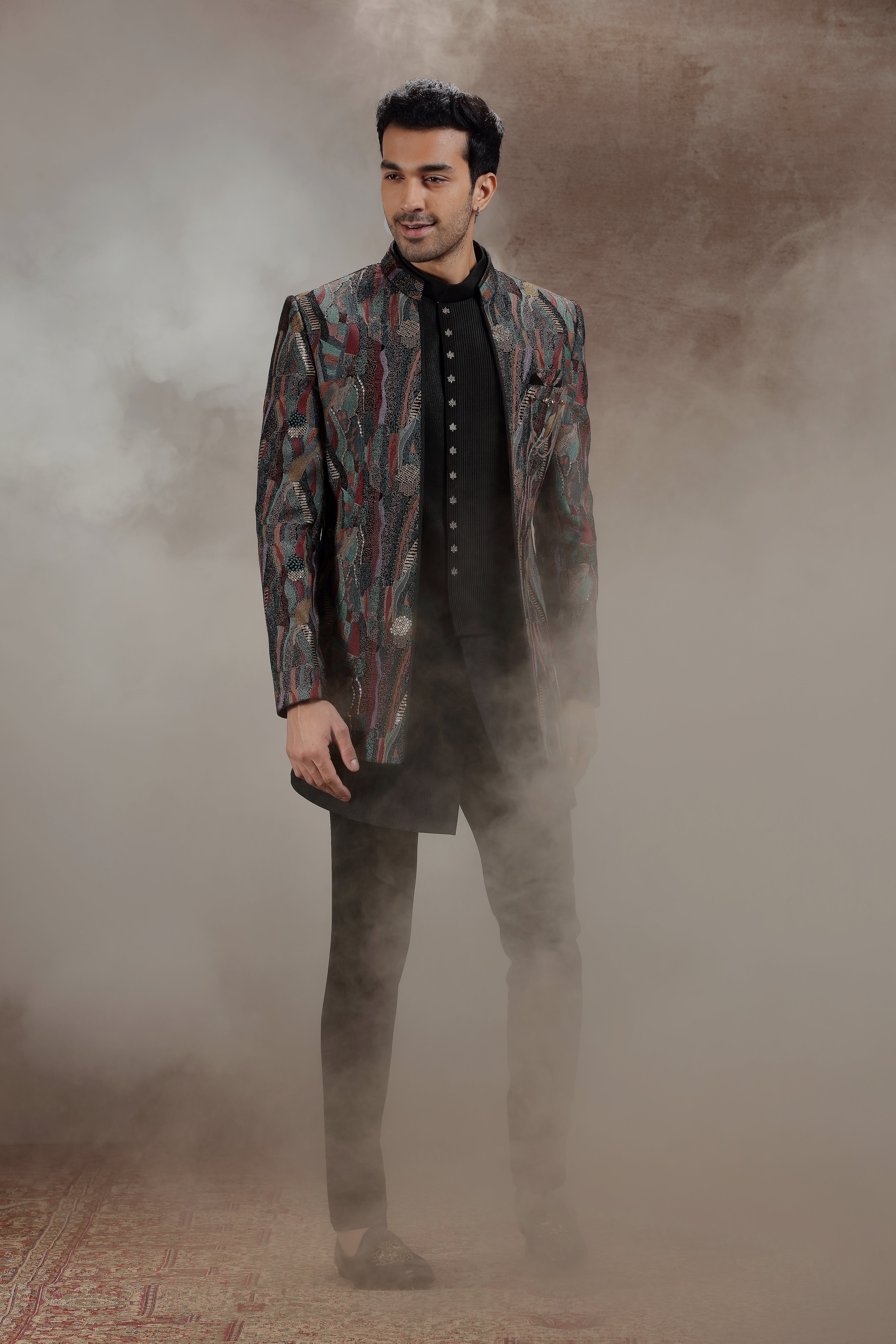Black Silk Indowestern Set With Abstract Embroidery - Shreeman