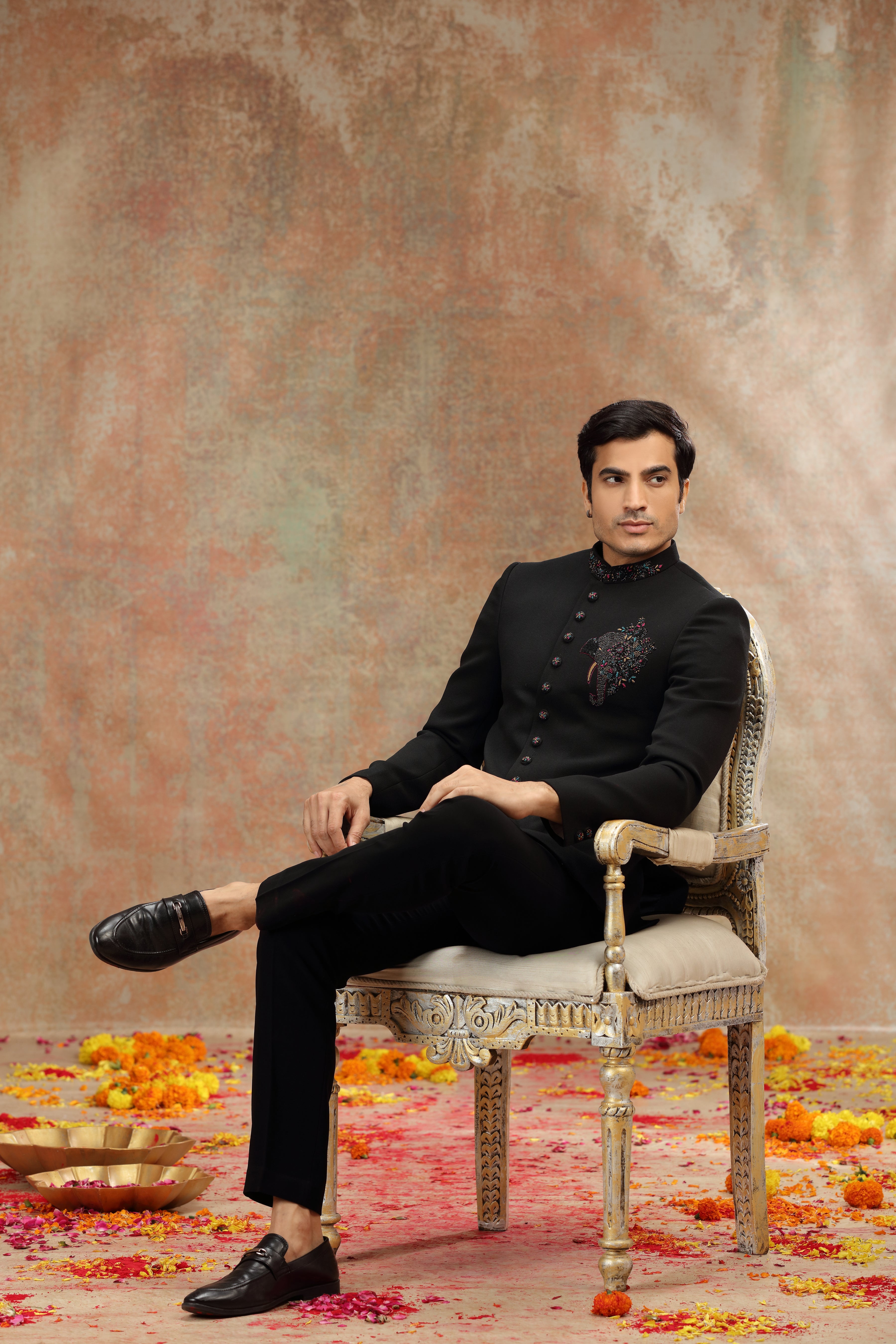 Black Suiting Jodhpuri Suit with Zardosi and Resham