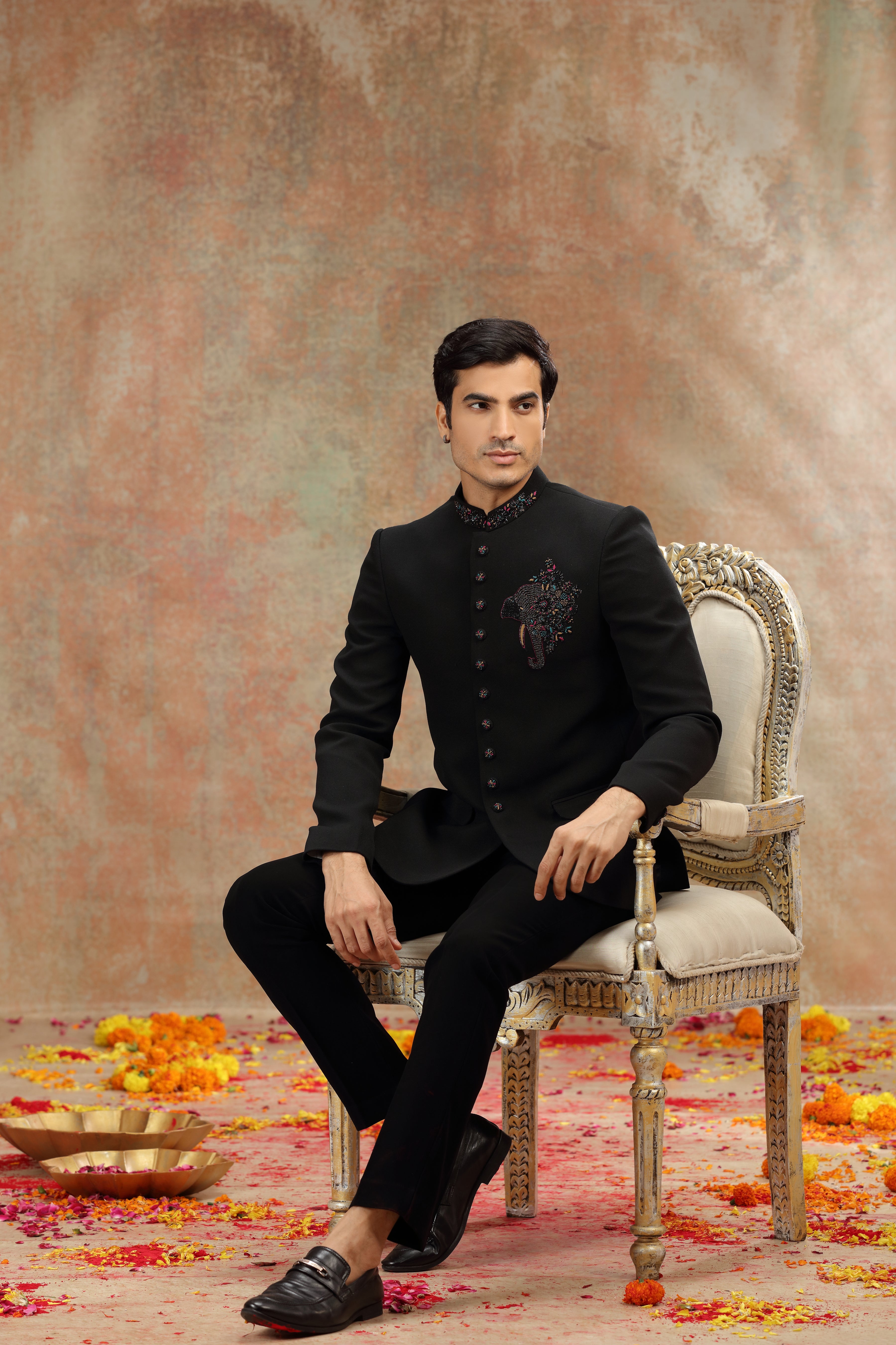 Black Suiting Jodhpuri Suit with Zardosi and Resham