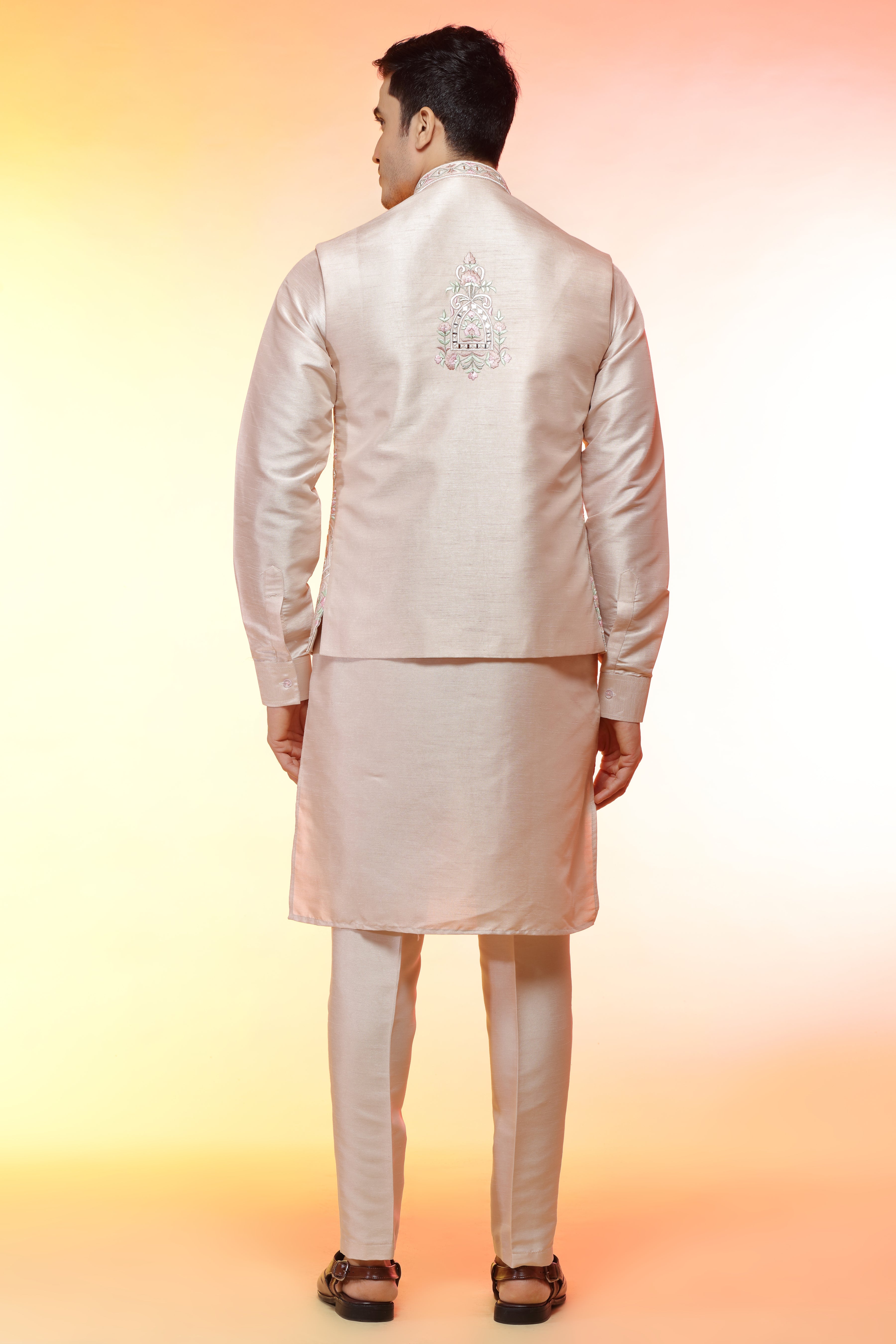 Cream Silk jacket set in floral embroidery - Shreeman