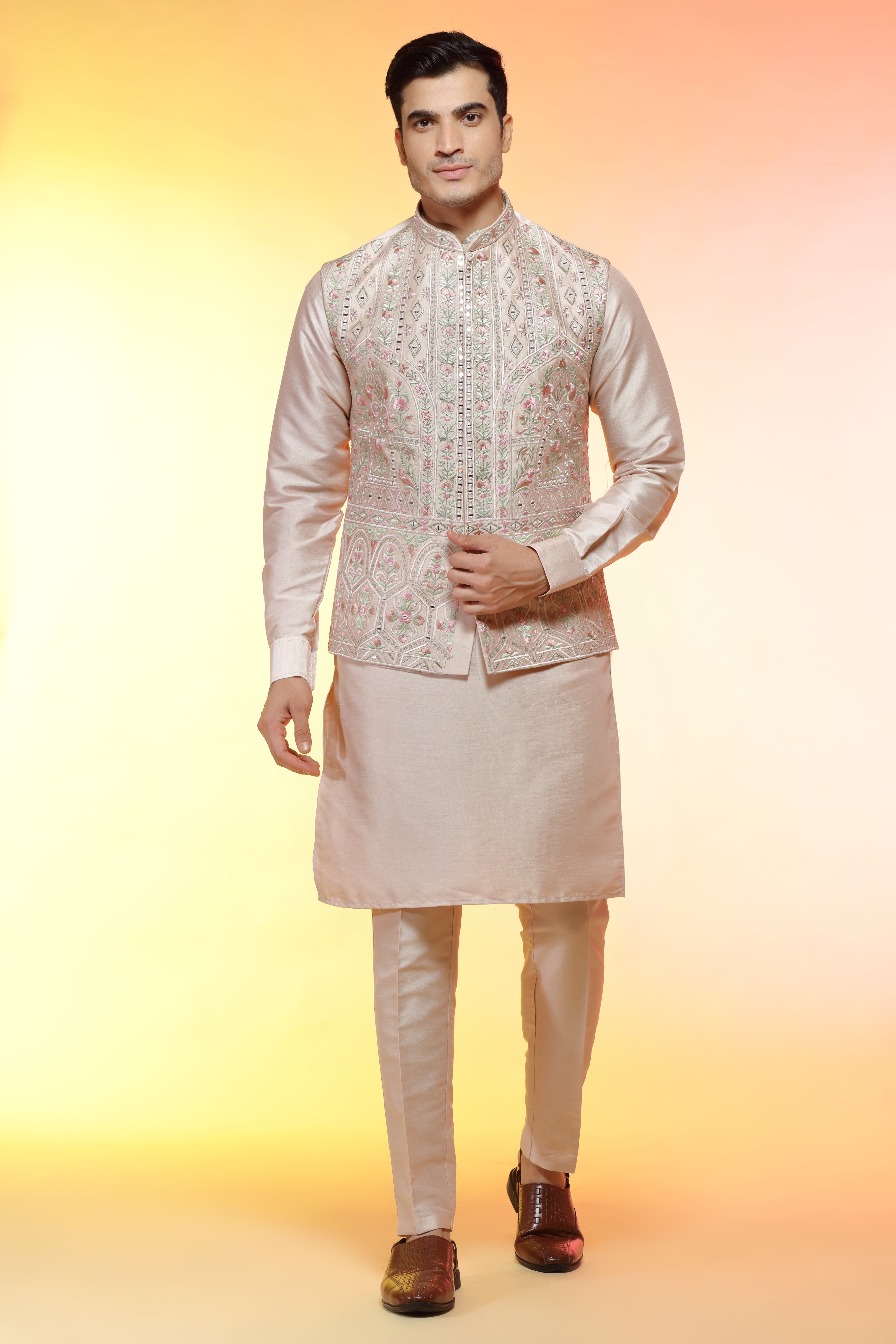 Cream Silk jacket set in floral embroidery - Shreeman