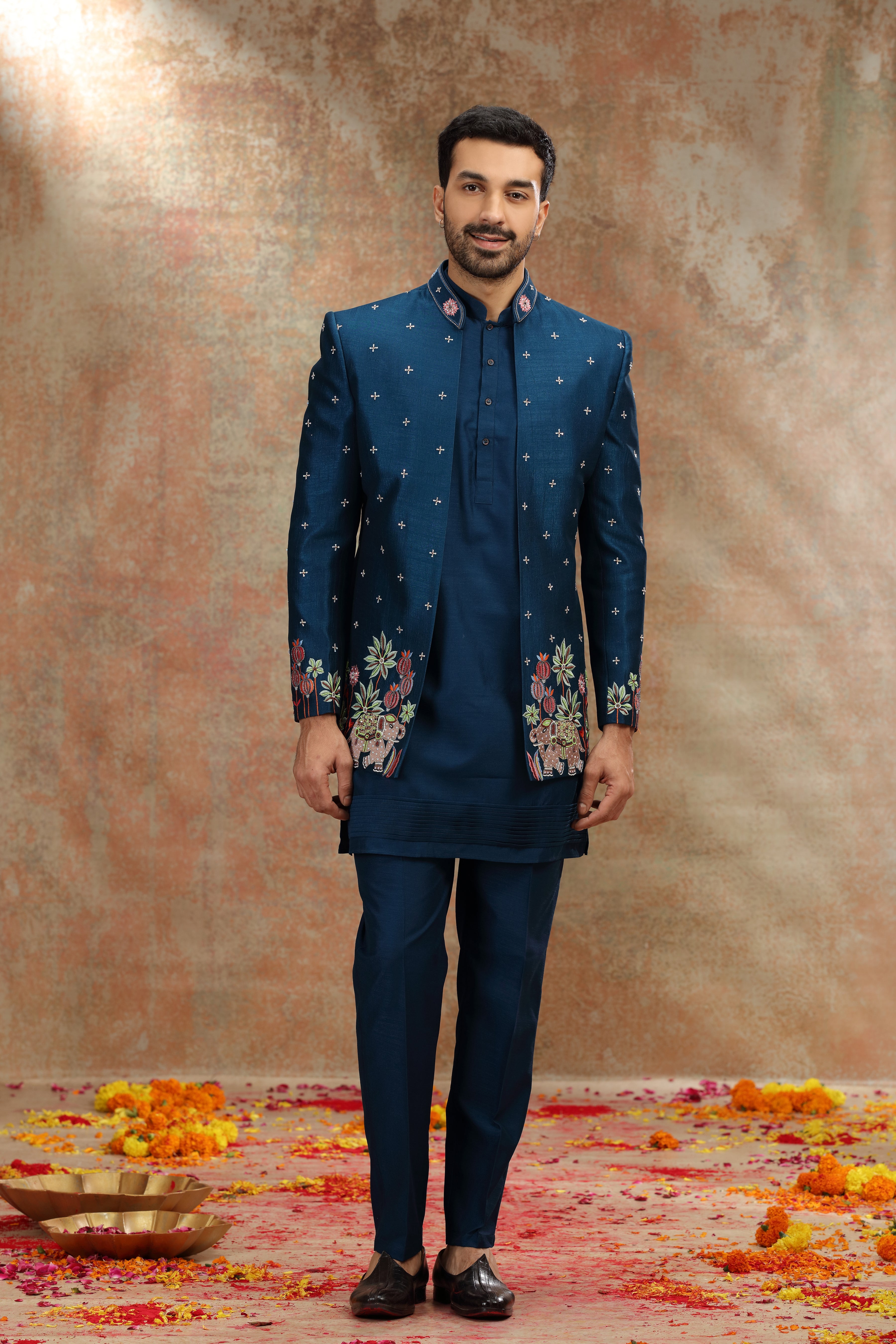 Teal Silk Jodhpuri with Resham, Cutdana and Sequins Work