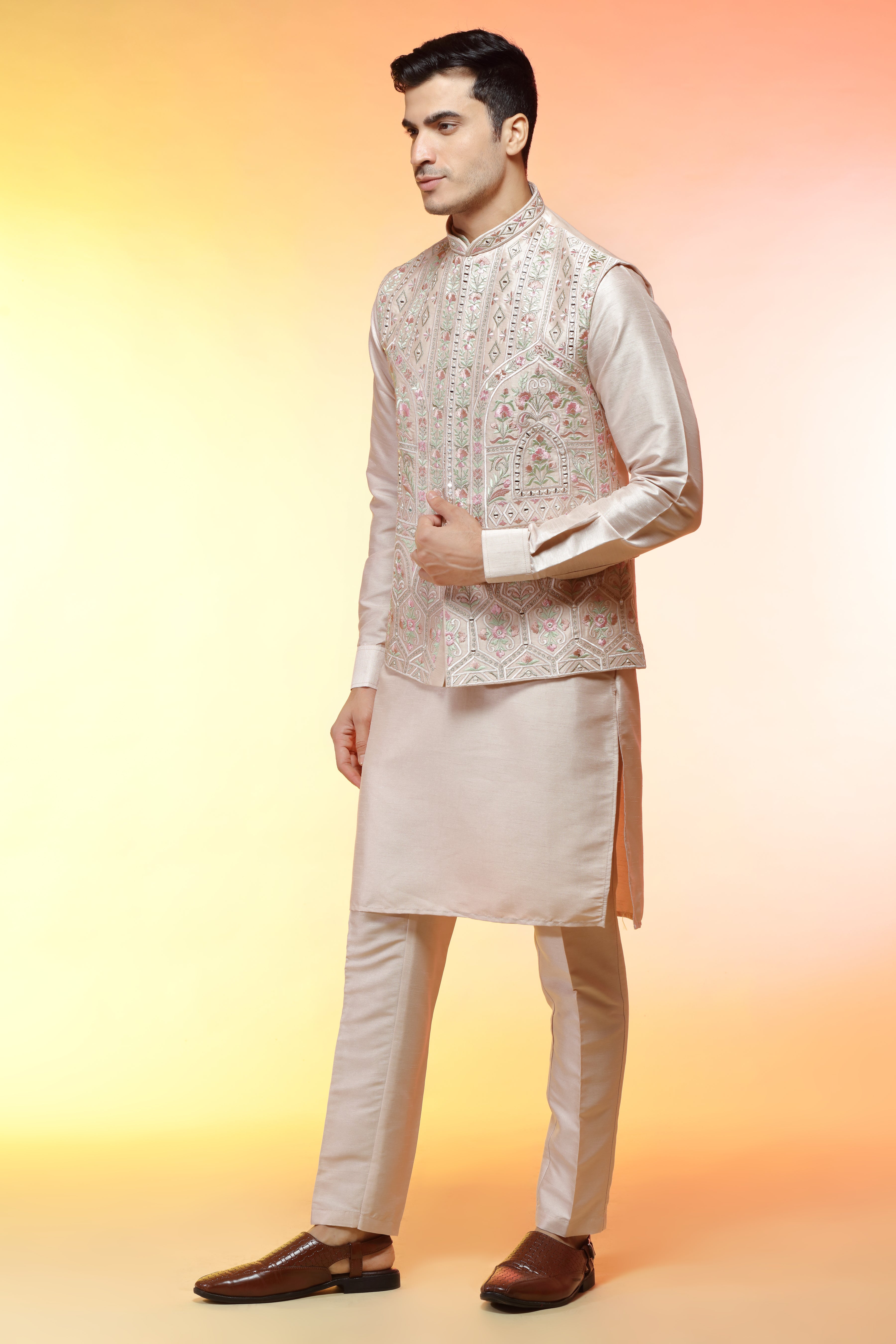 Cream Silk jacket set in floral embroidery - Shreeman