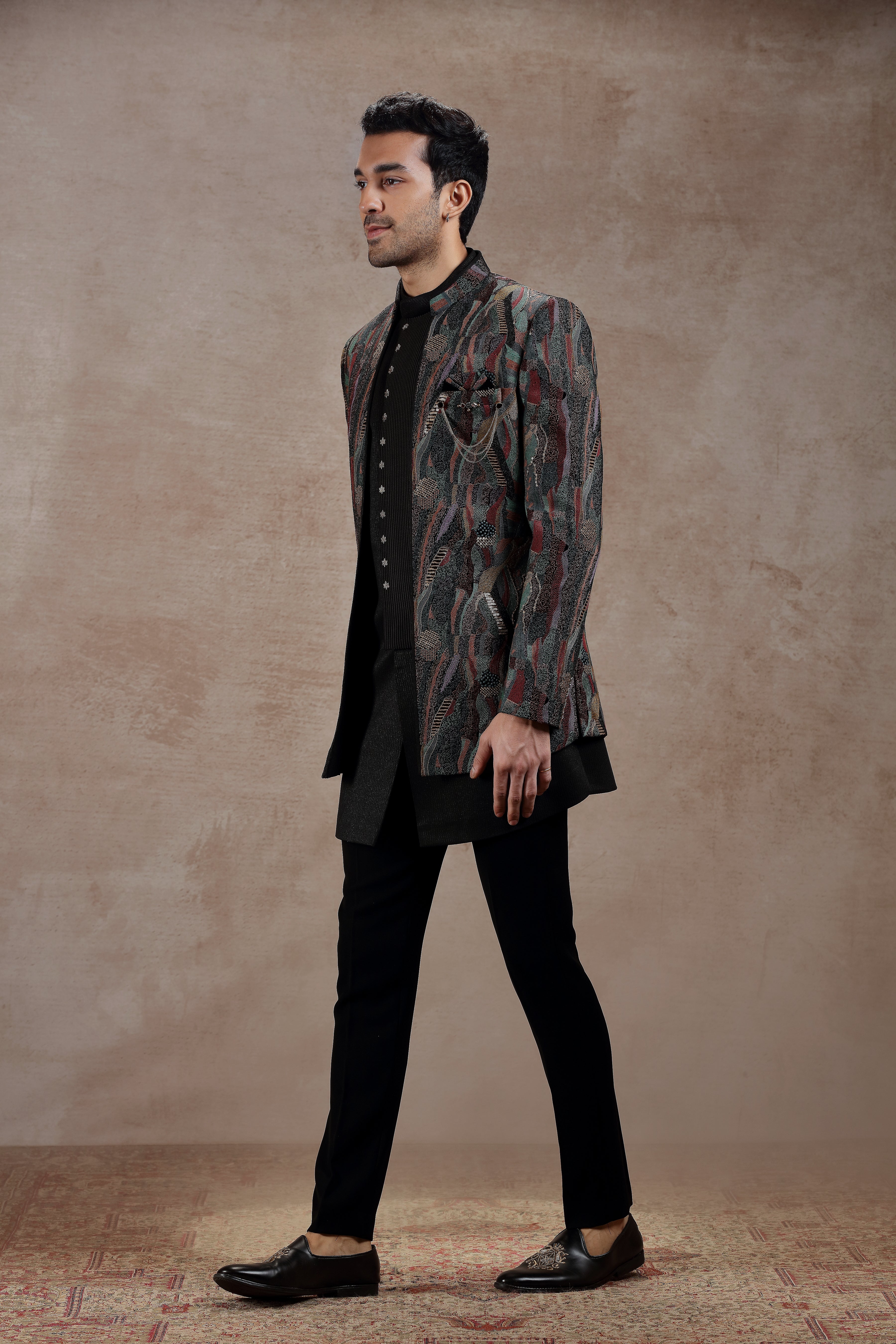 Black Silk Indowestern Set With Abstract Embroidery - Shreeman