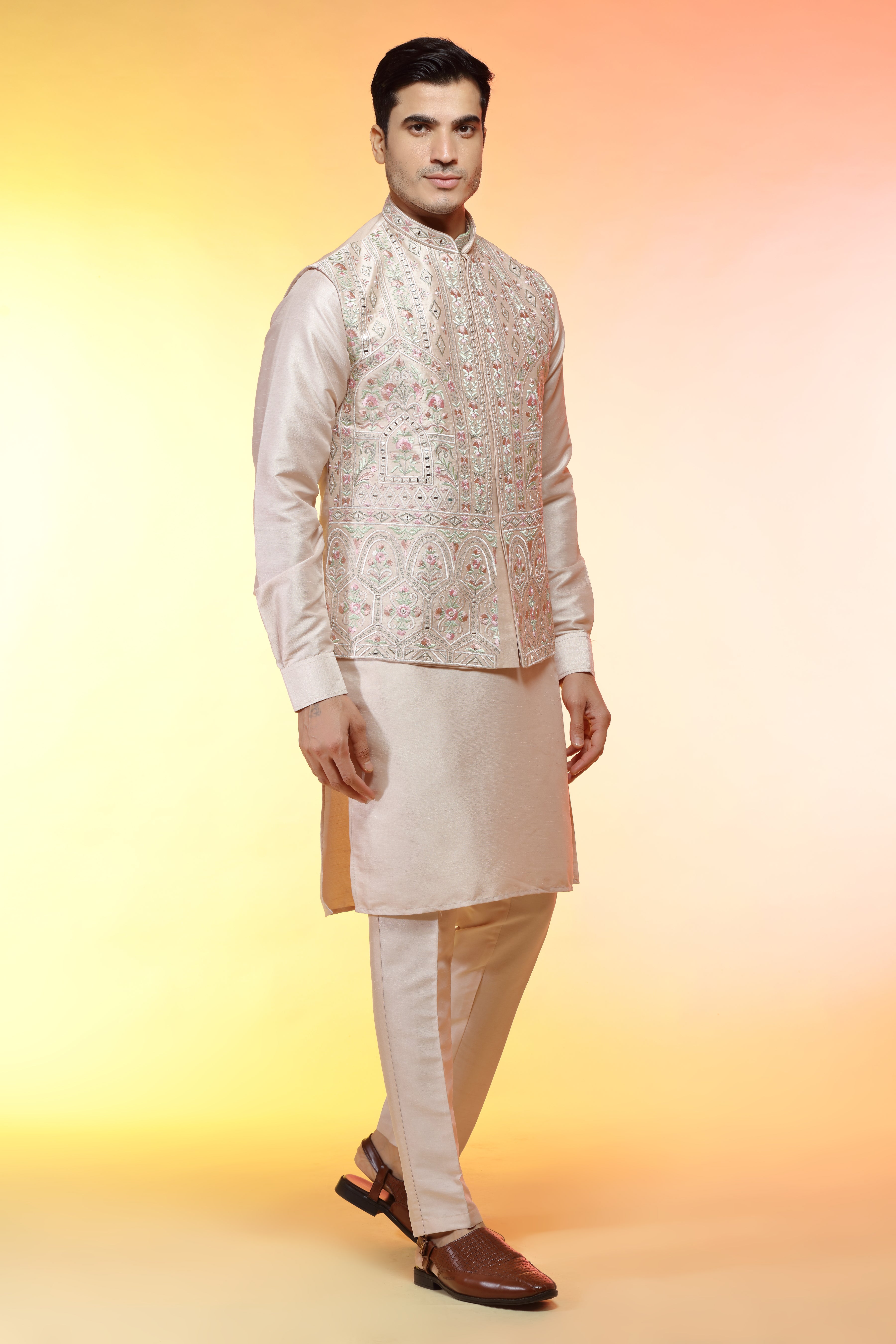 Cream Silk jacket set in floral embroidery - Shreeman