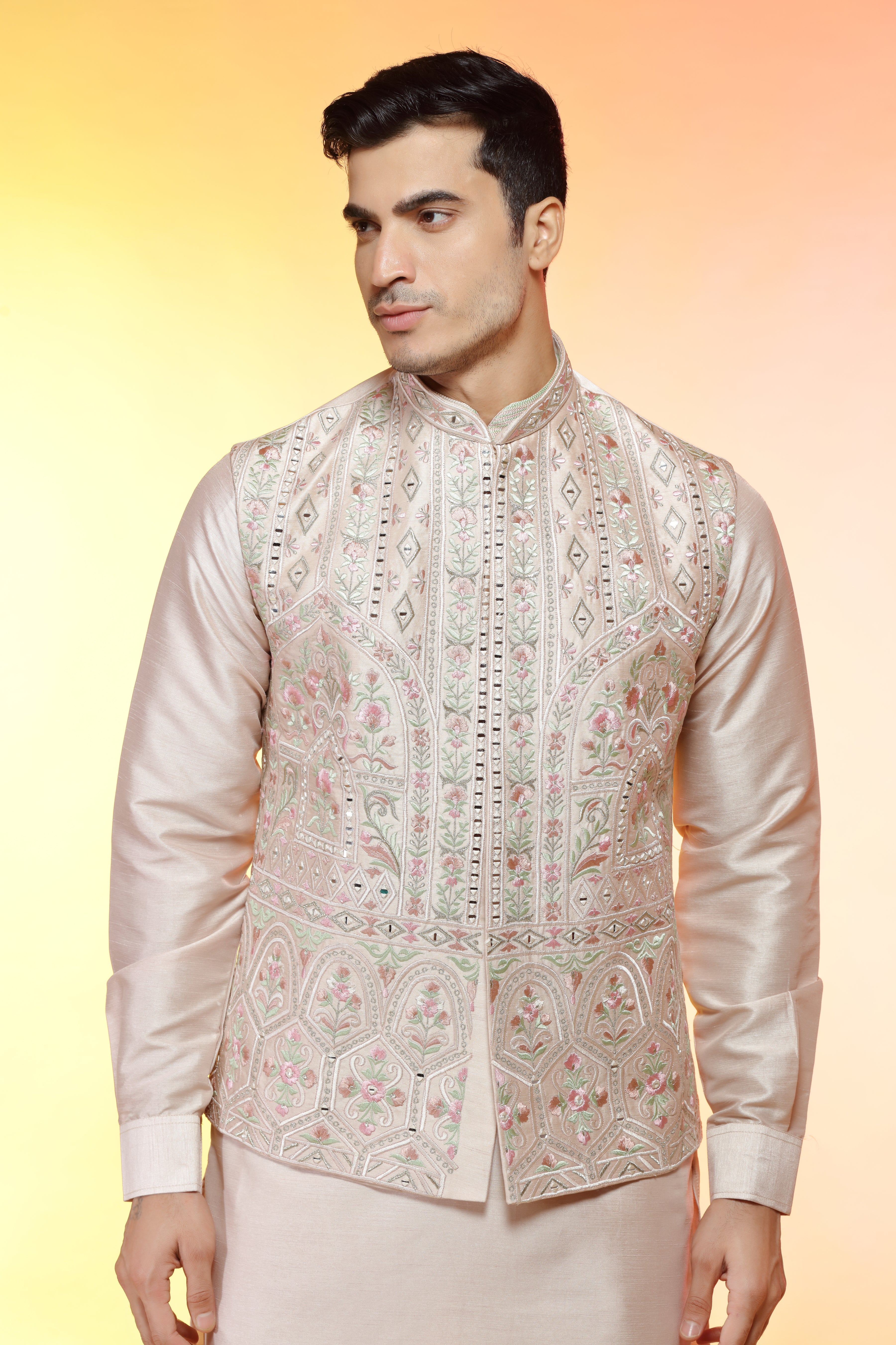 Cream Silk jacket set in floral embroidery - Shreeman