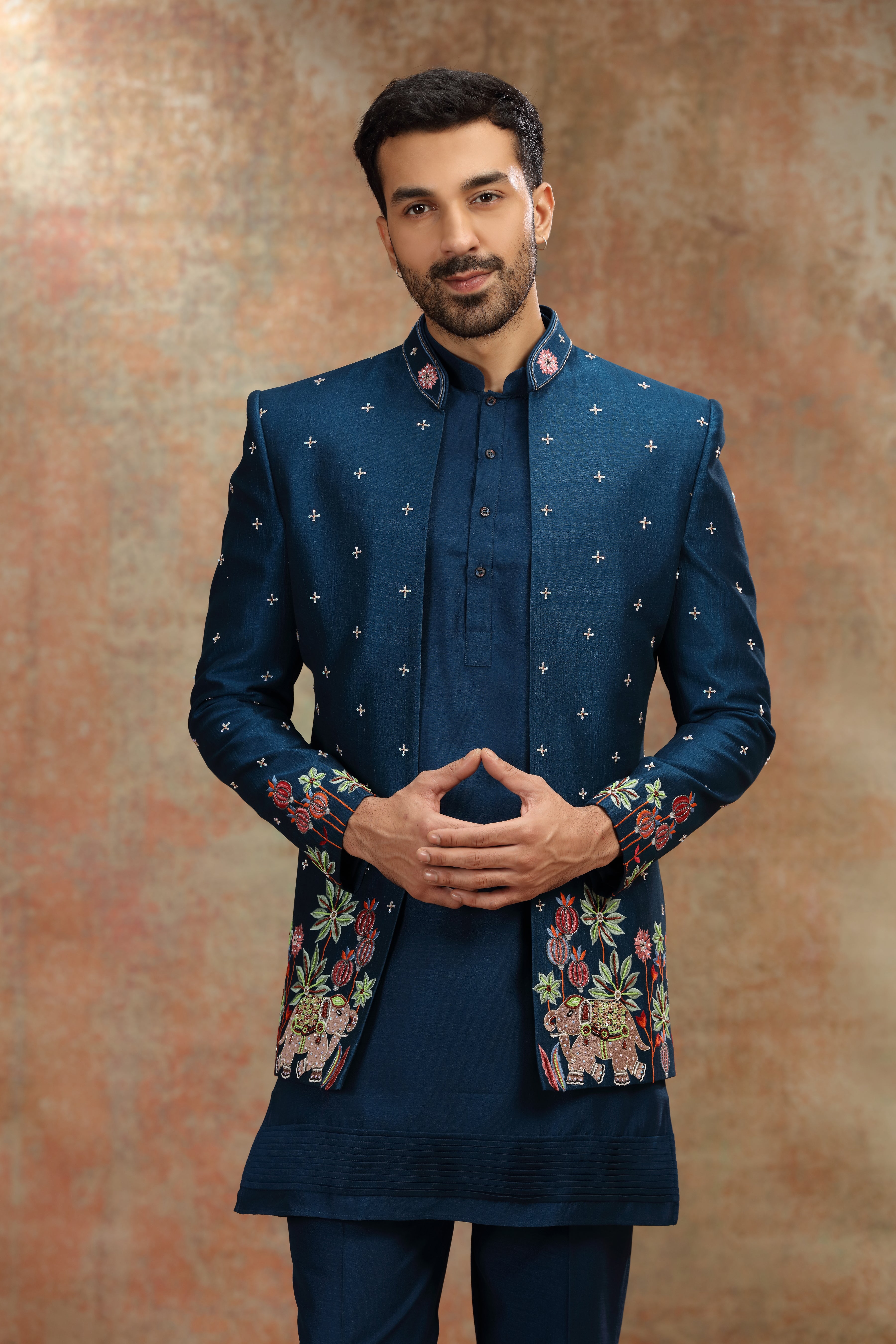 Teal Silk Jodhpuri with Resham, Cutdana and Sequins Work