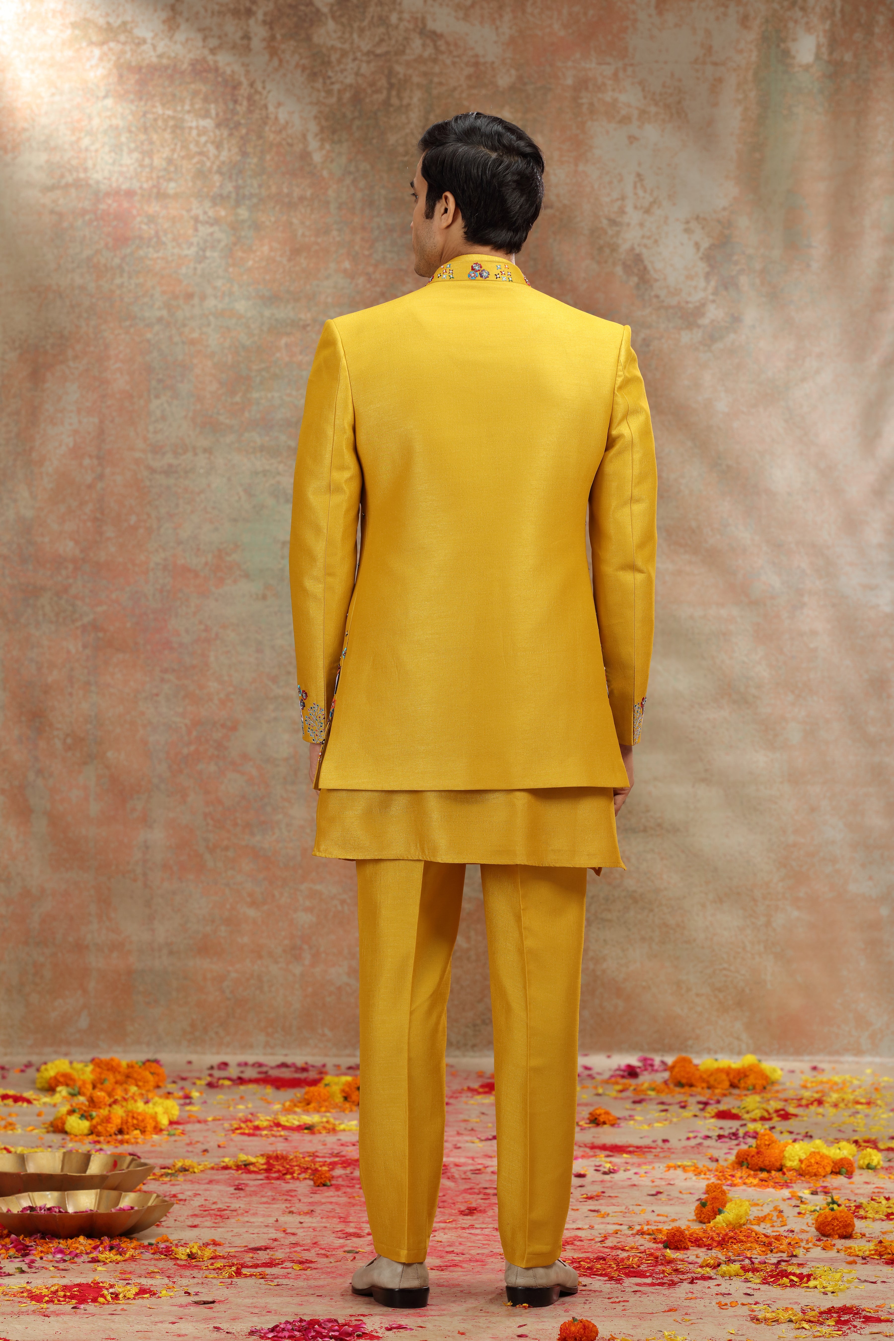 Yellow Silk Jodhpuri Suit with Resham & Cutdana Work