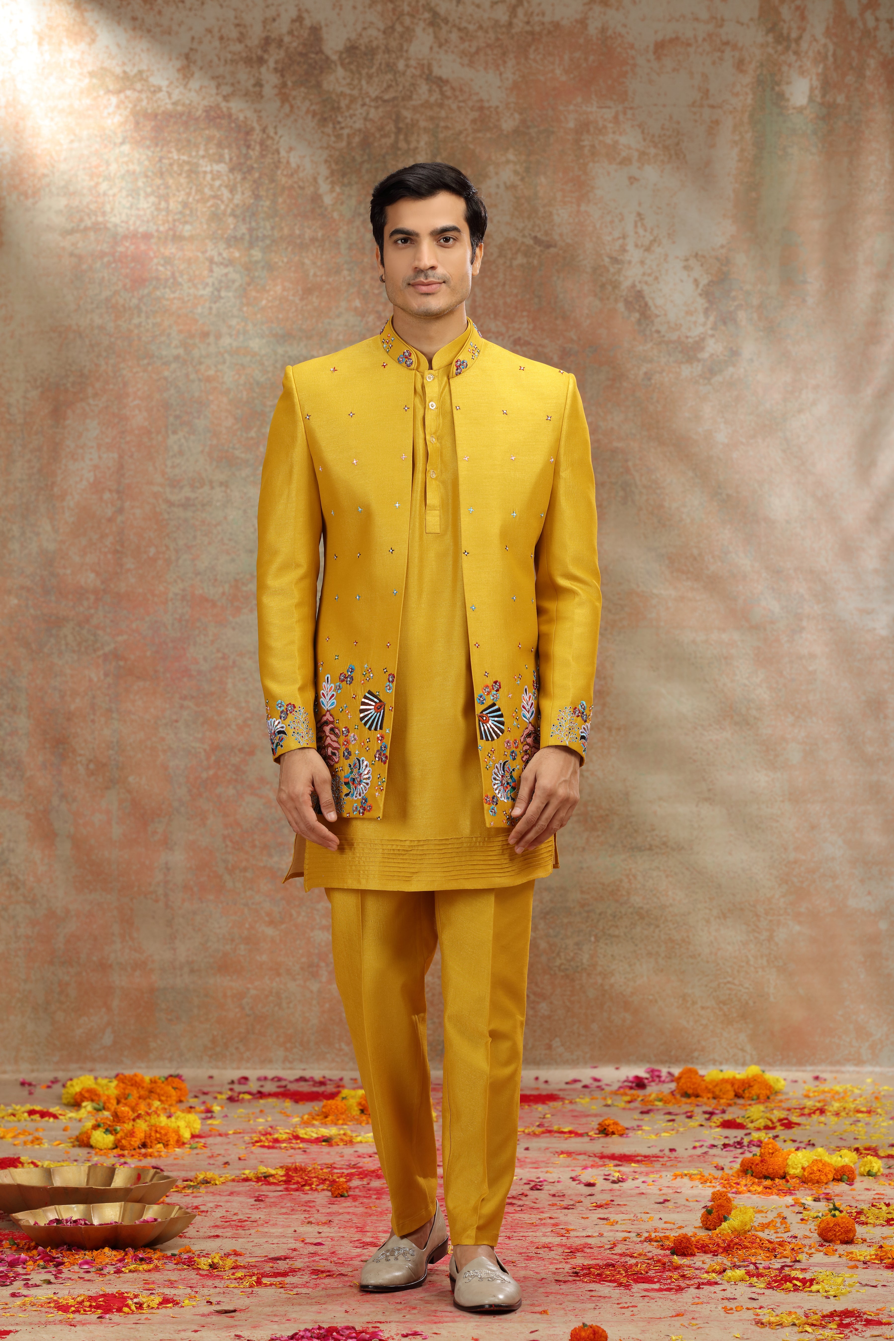 Yellow Silk Jodhpuri Suit with Resham & Cutdana Work
