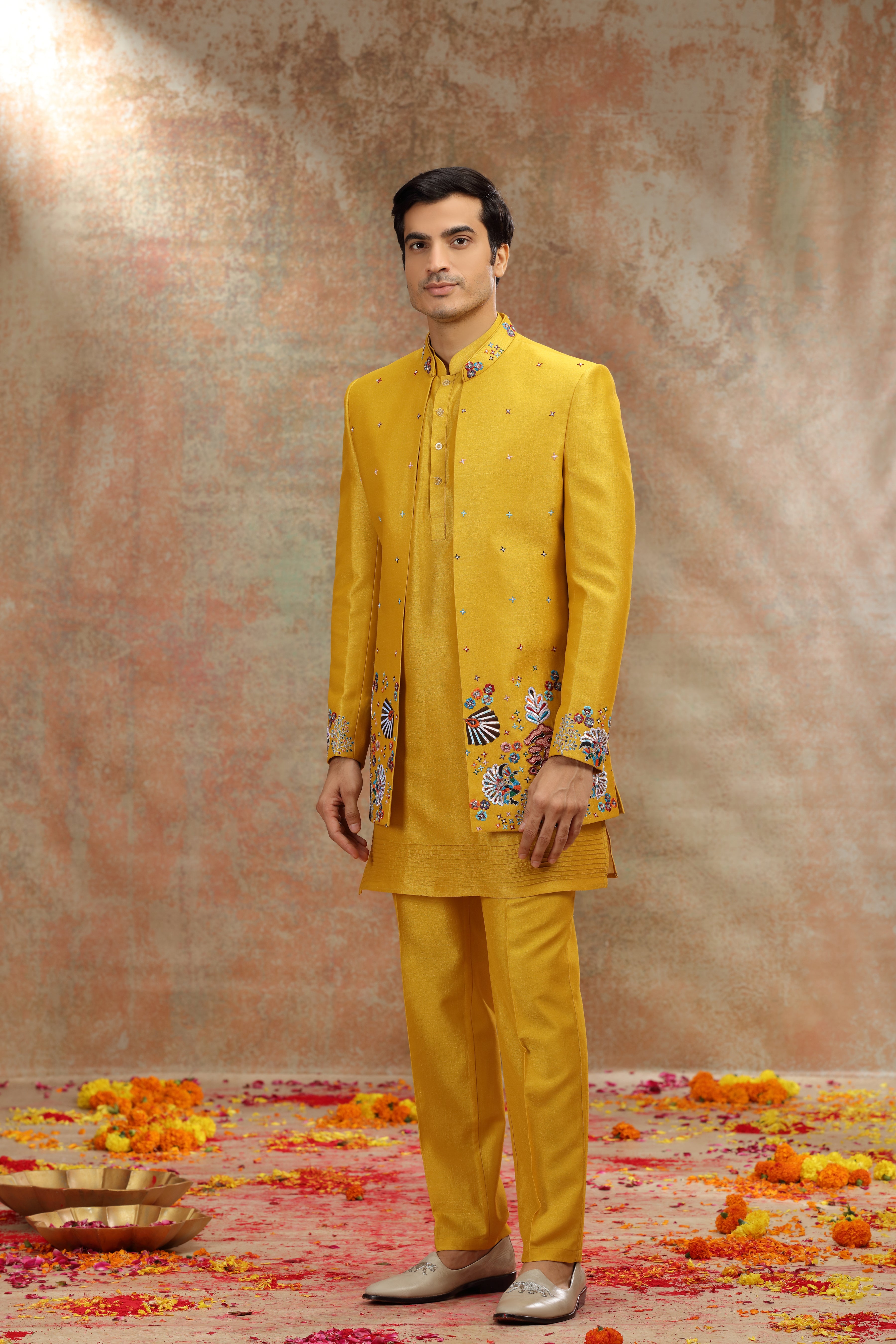 Yellow Silk Jodhpuri Suit with Resham & Cutdana Work