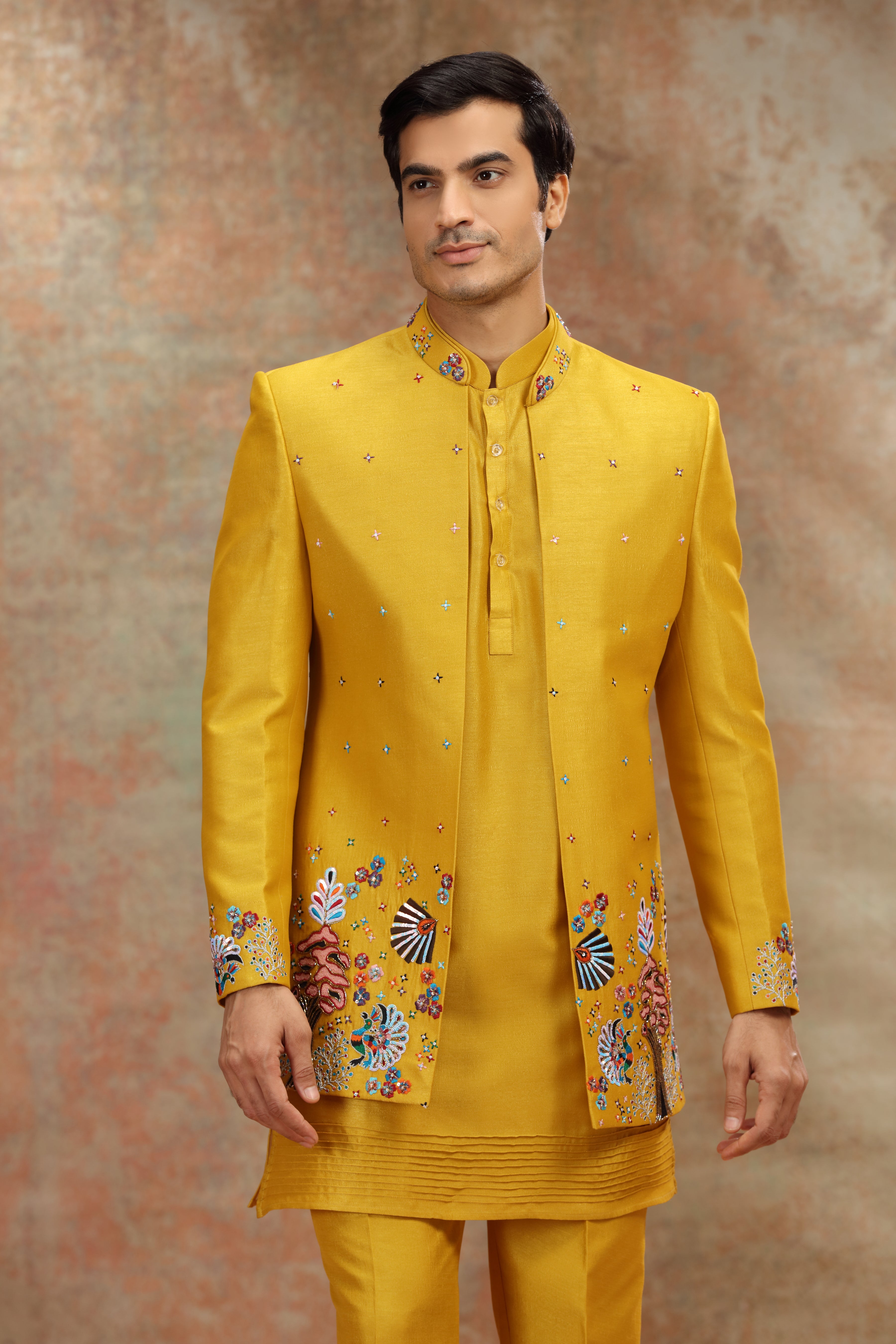 Yellow Silk Jodhpuri Suit with Resham & Cutdana Work