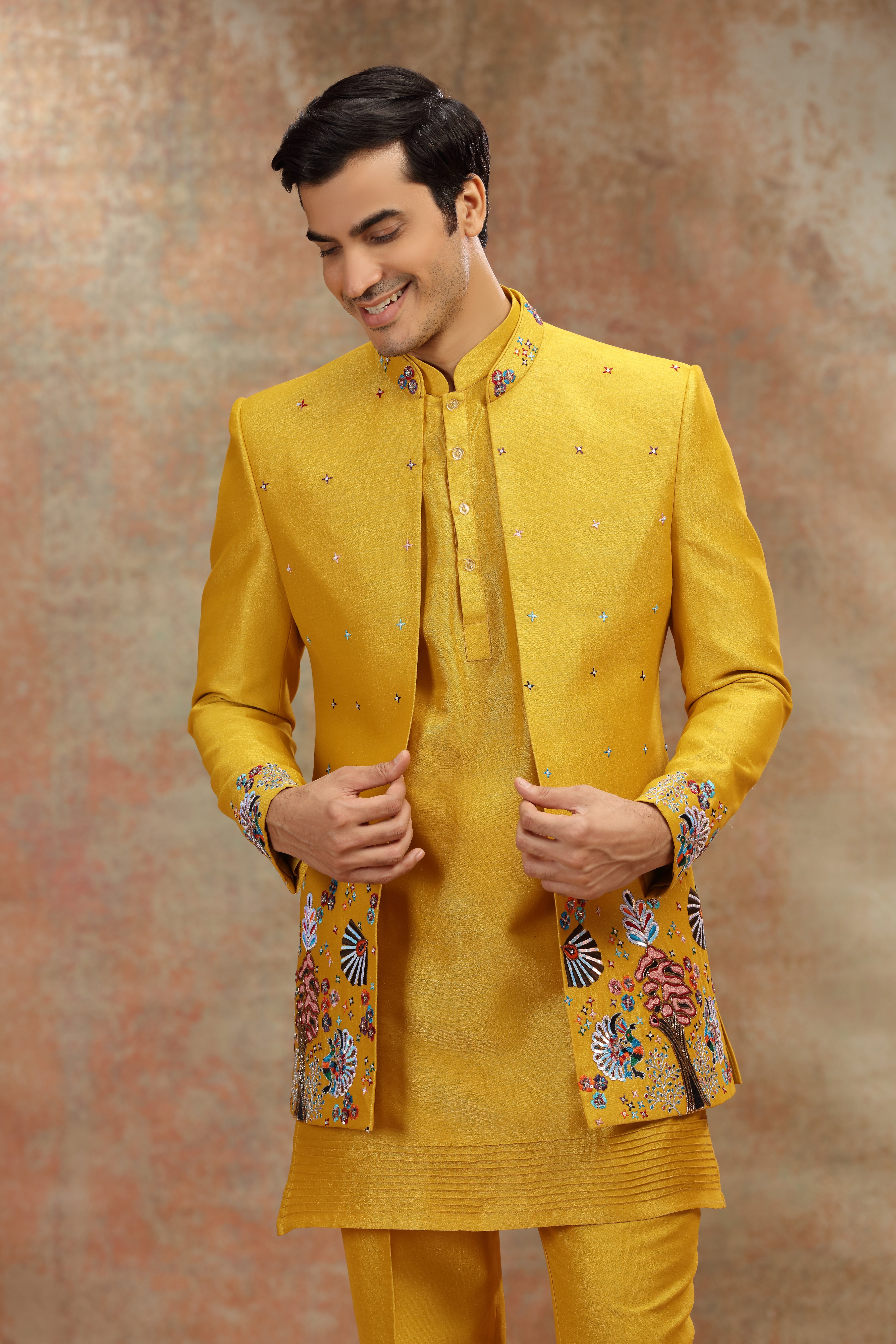 Yellow Silk Jodhpuri Suit with Resham & Cutdana Work