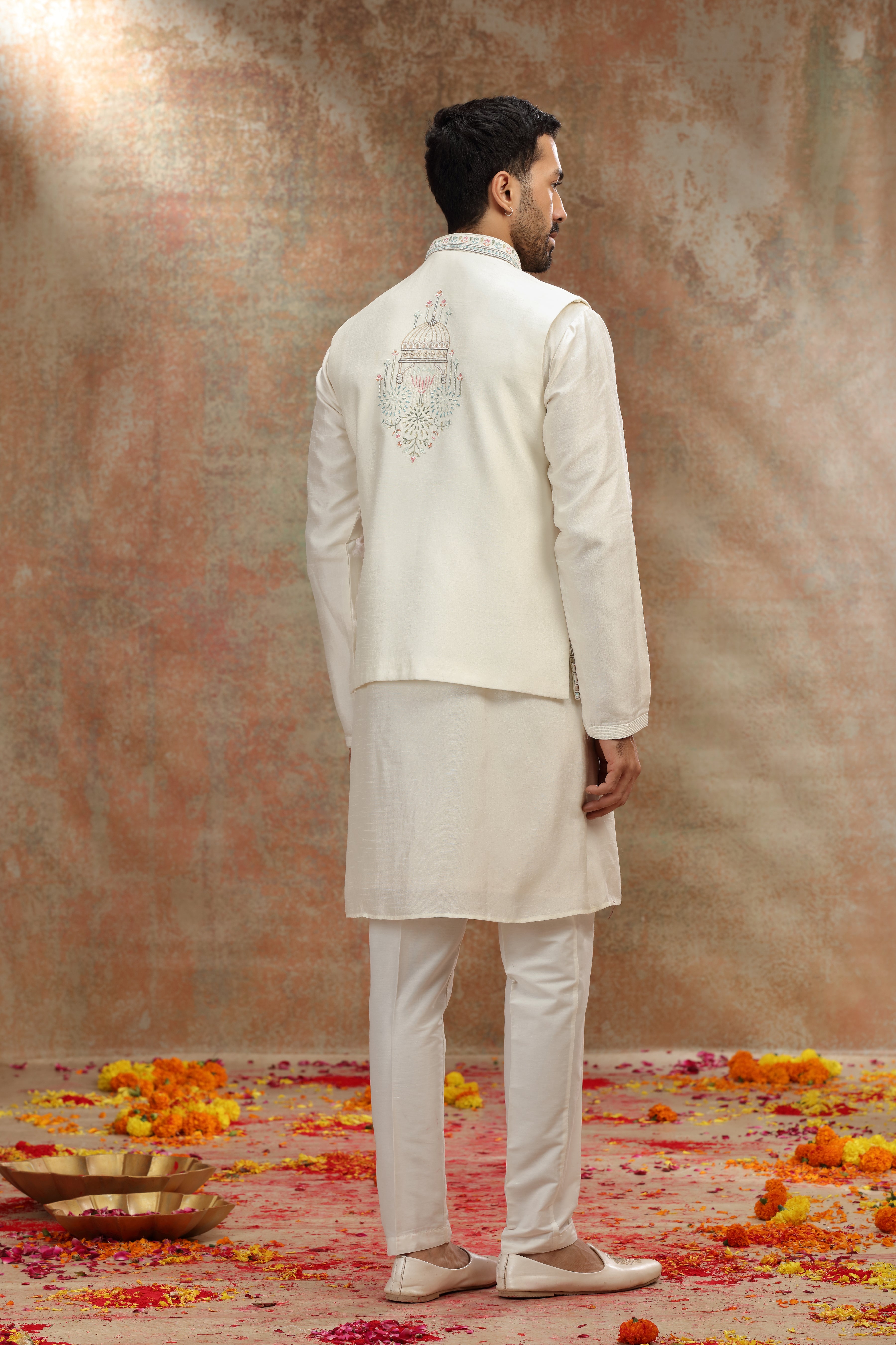 Ivory Silk Koti Kurta Set with Resham and Sequins