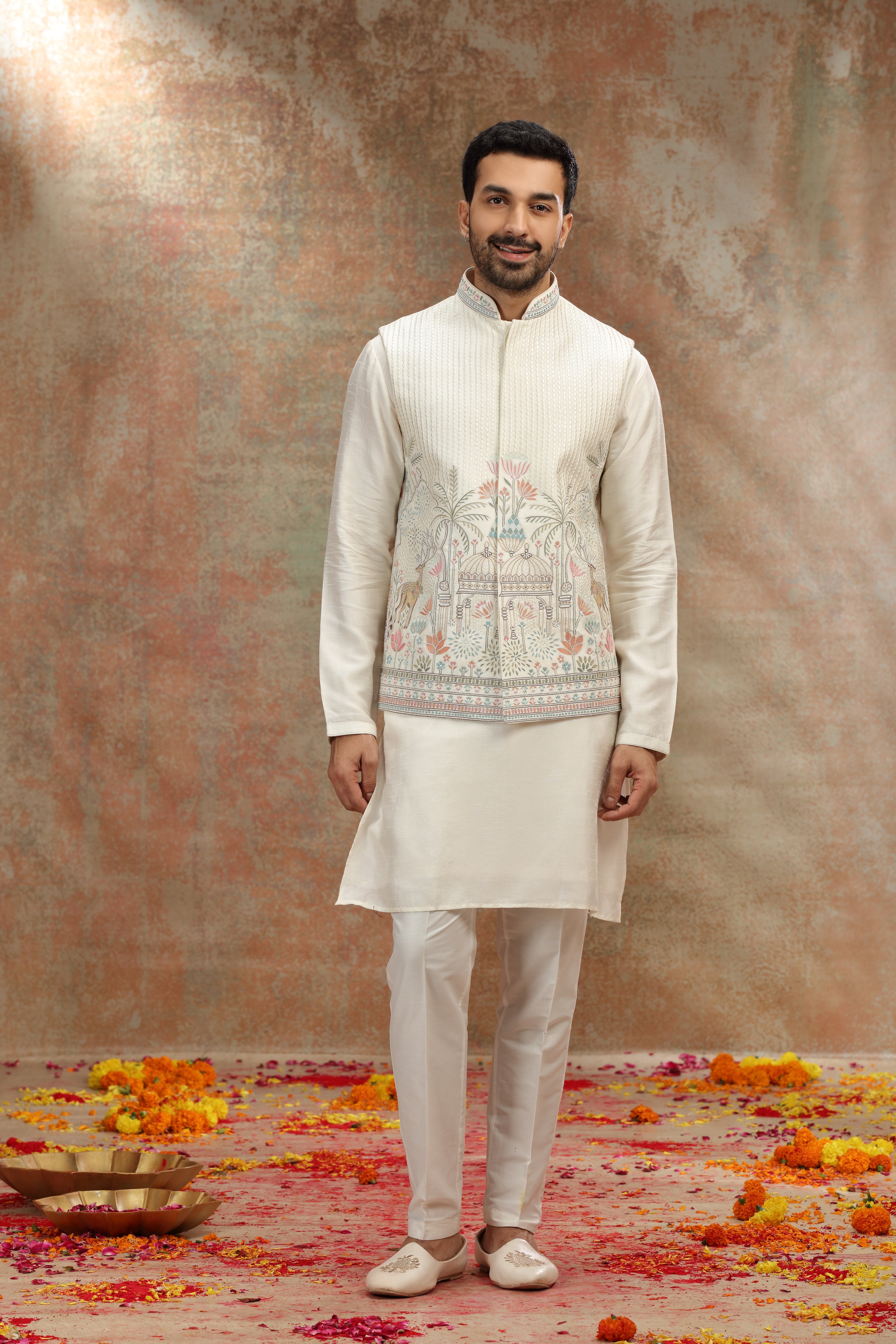 Ivory Silk Koti Kurta Set with Resham and Sequins