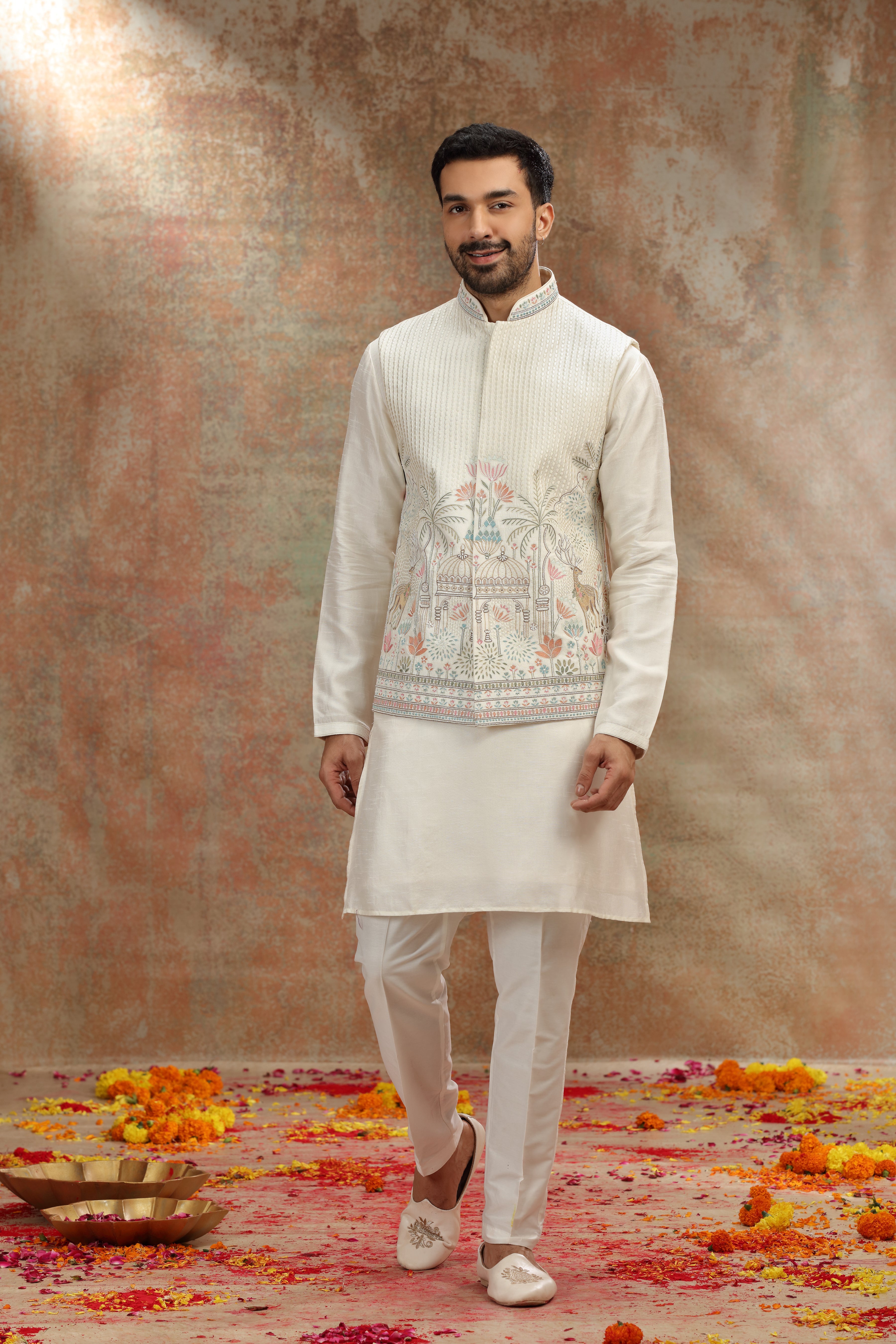 Ivory Silk Koti Kurta Set with Resham and Sequins