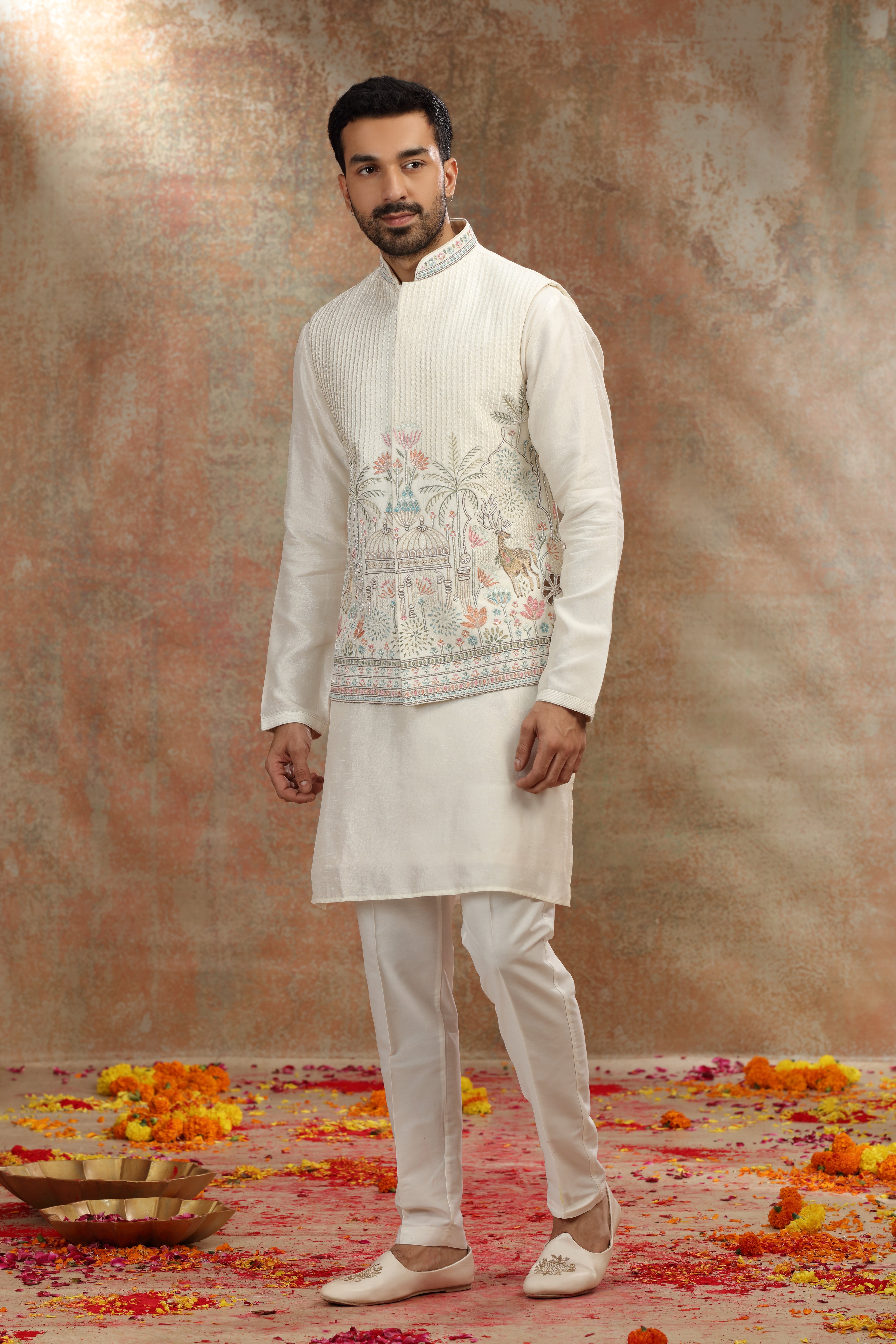 Ivory Silk Koti Kurta Set with Resham and Sequins