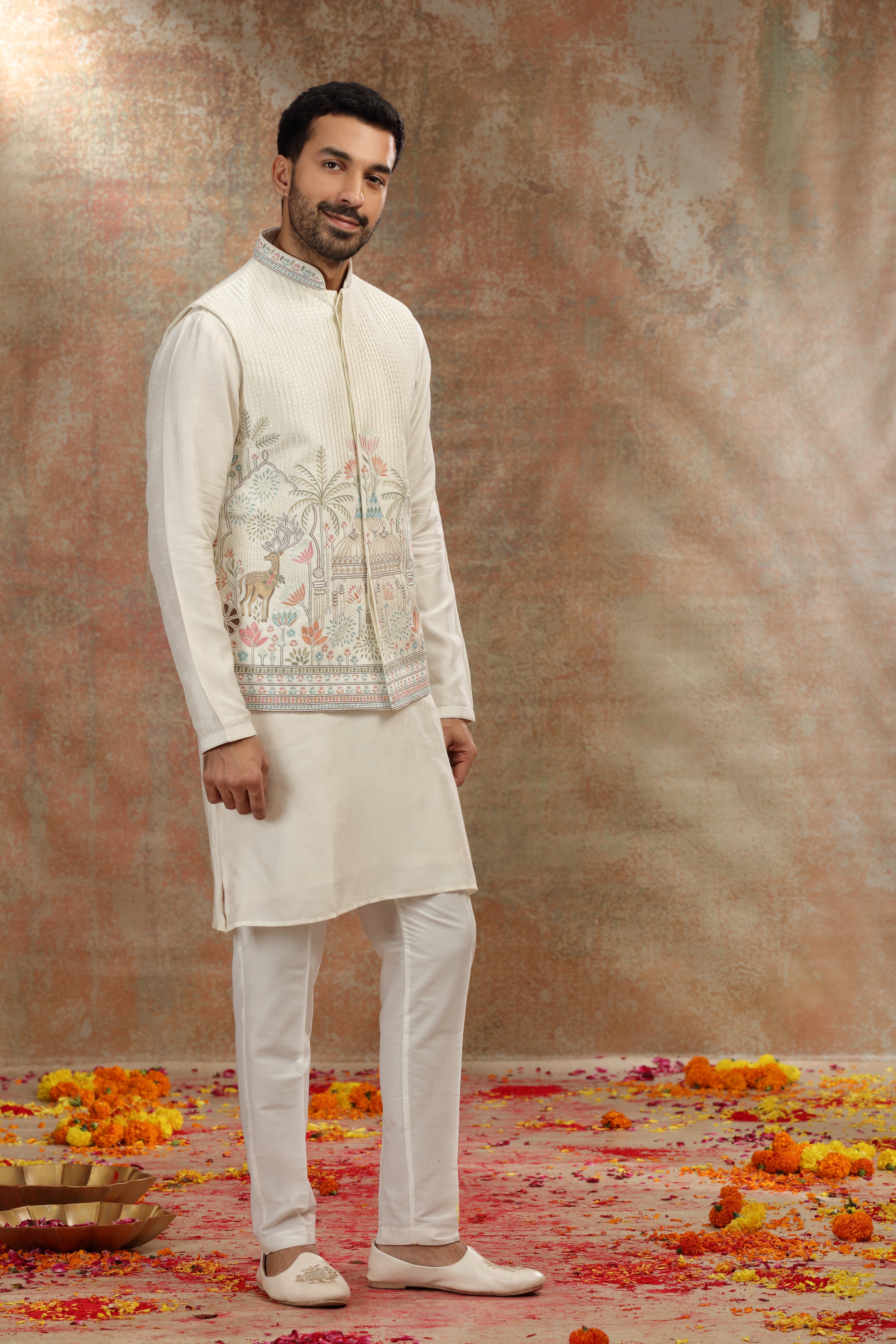Ivory Silk Koti Kurta Set with Resham and Sequins