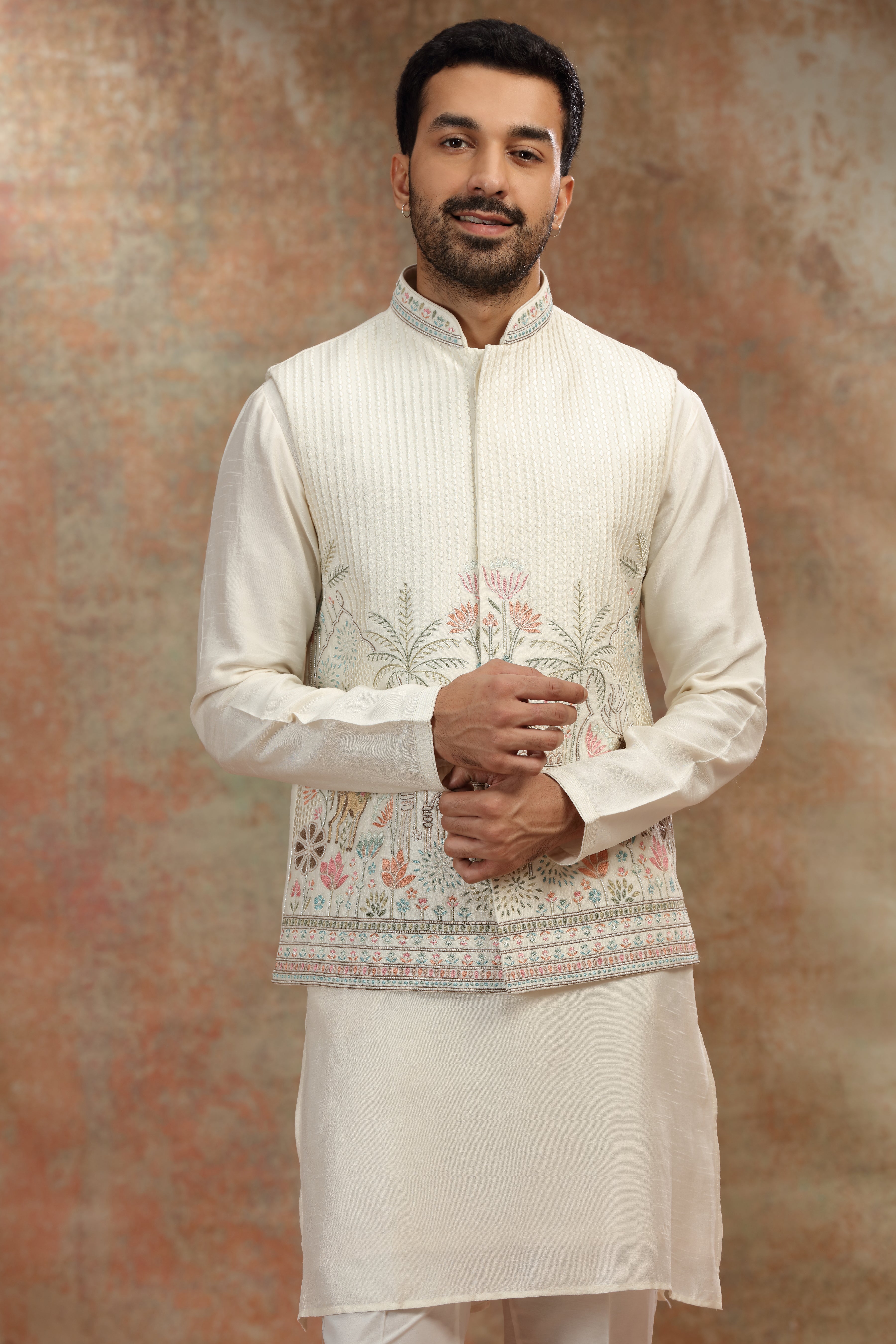 Ivory Silk Koti Kurta Set with Resham and Sequins