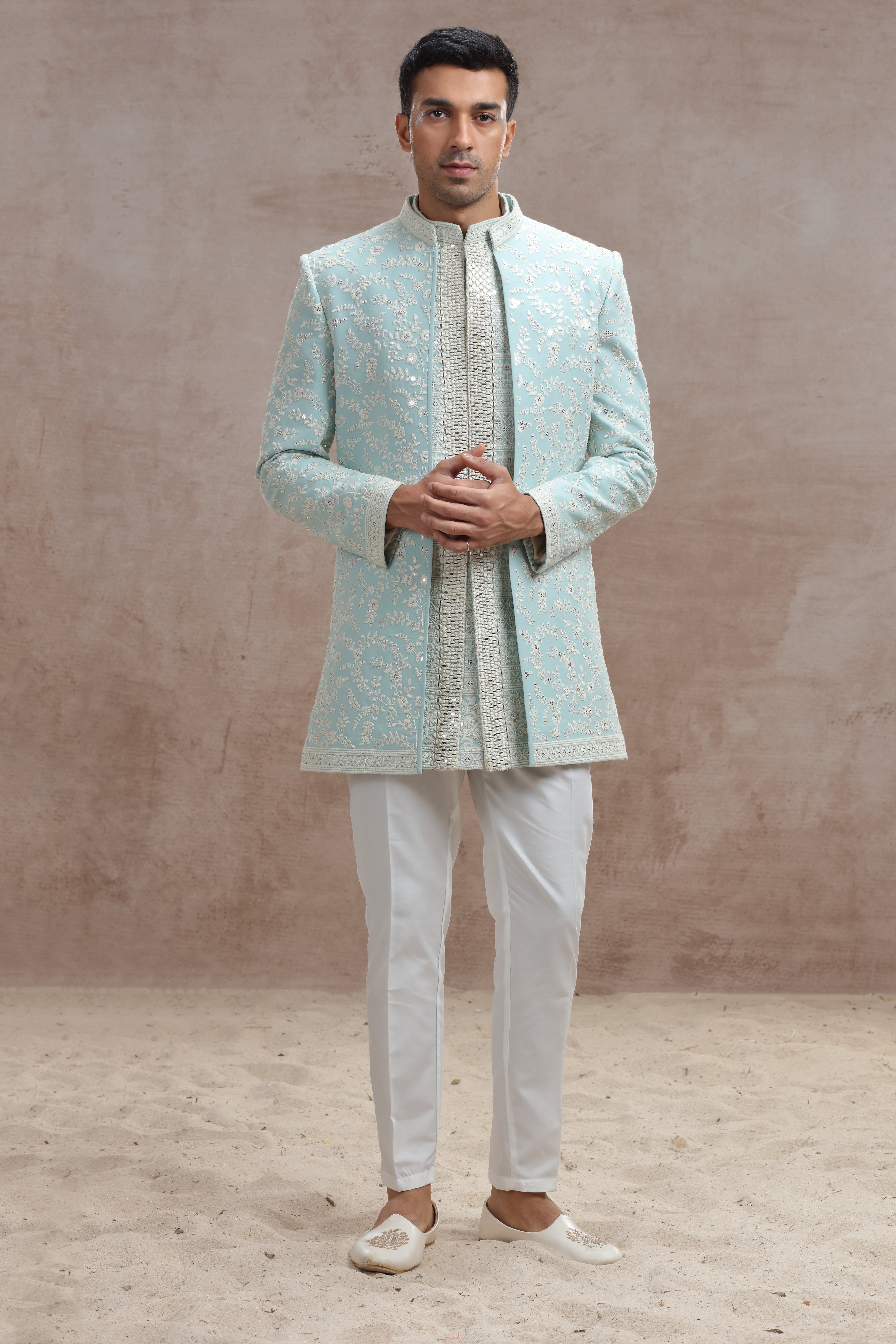 Sky Blue Indo Western Suit with Chikankari Floral Embroidery