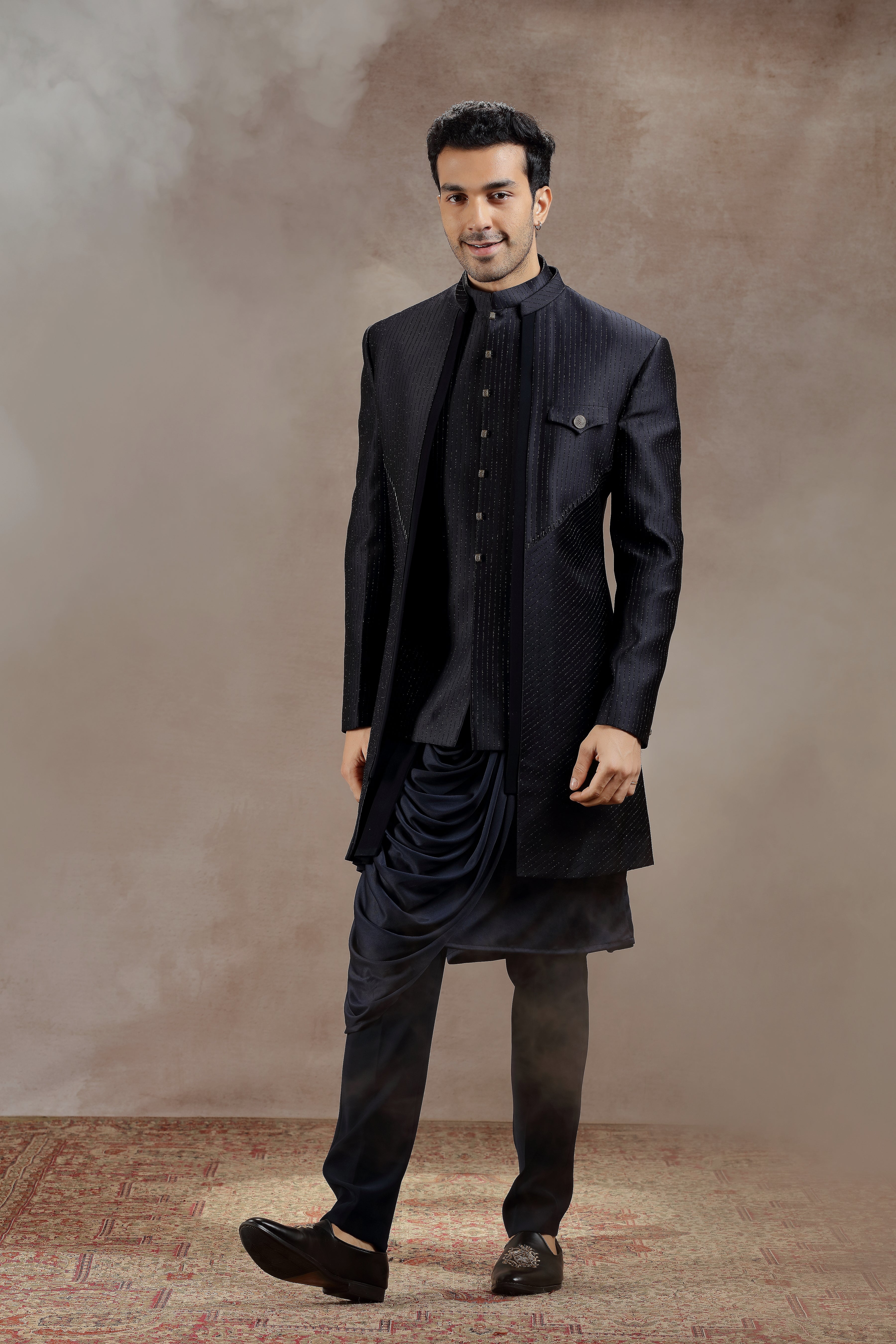 Black Silk Indowestern With All-Over Line Embroidery - Shreeman