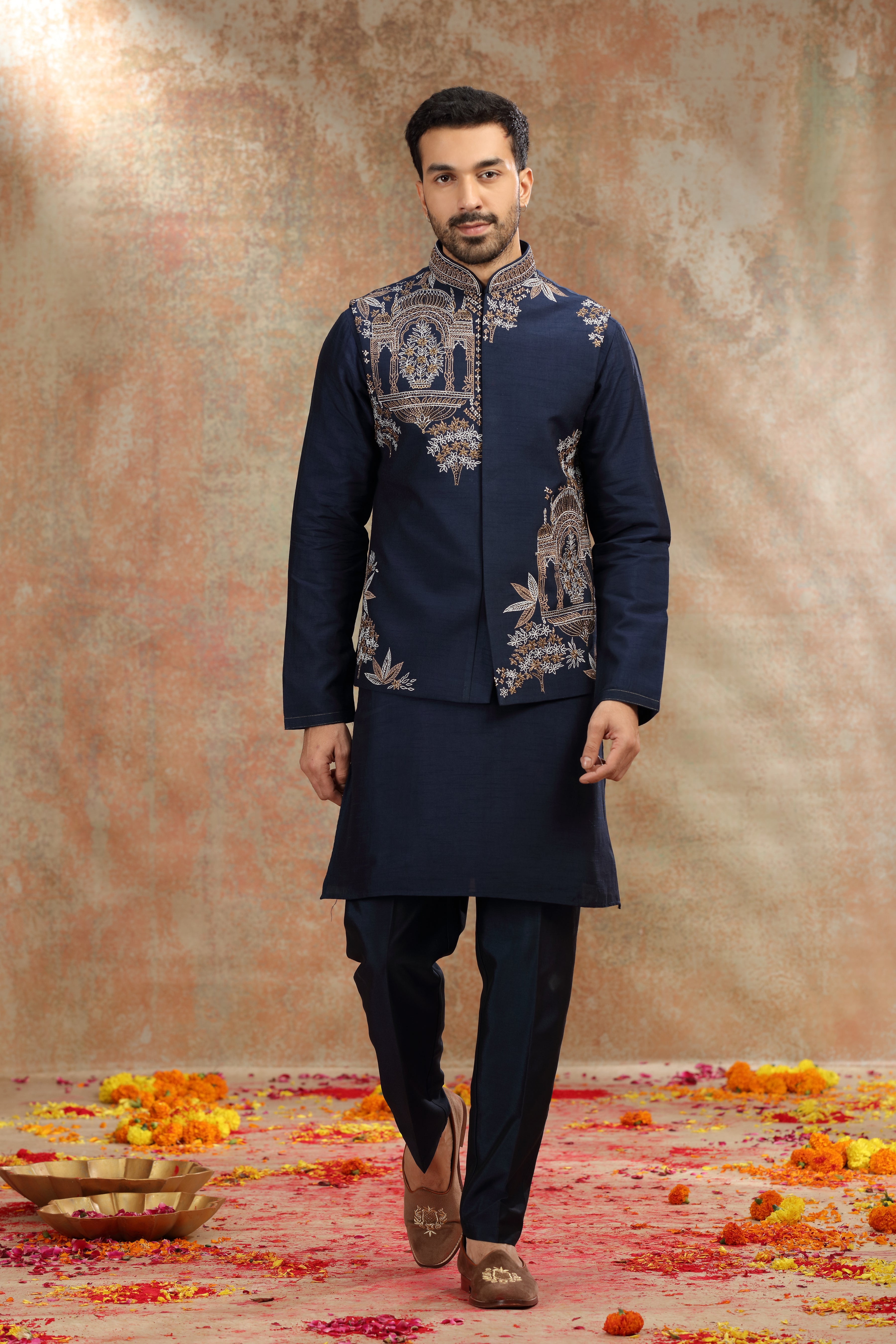 Navy Blue Silk Koti Kurta with Resham & Cutdana Work