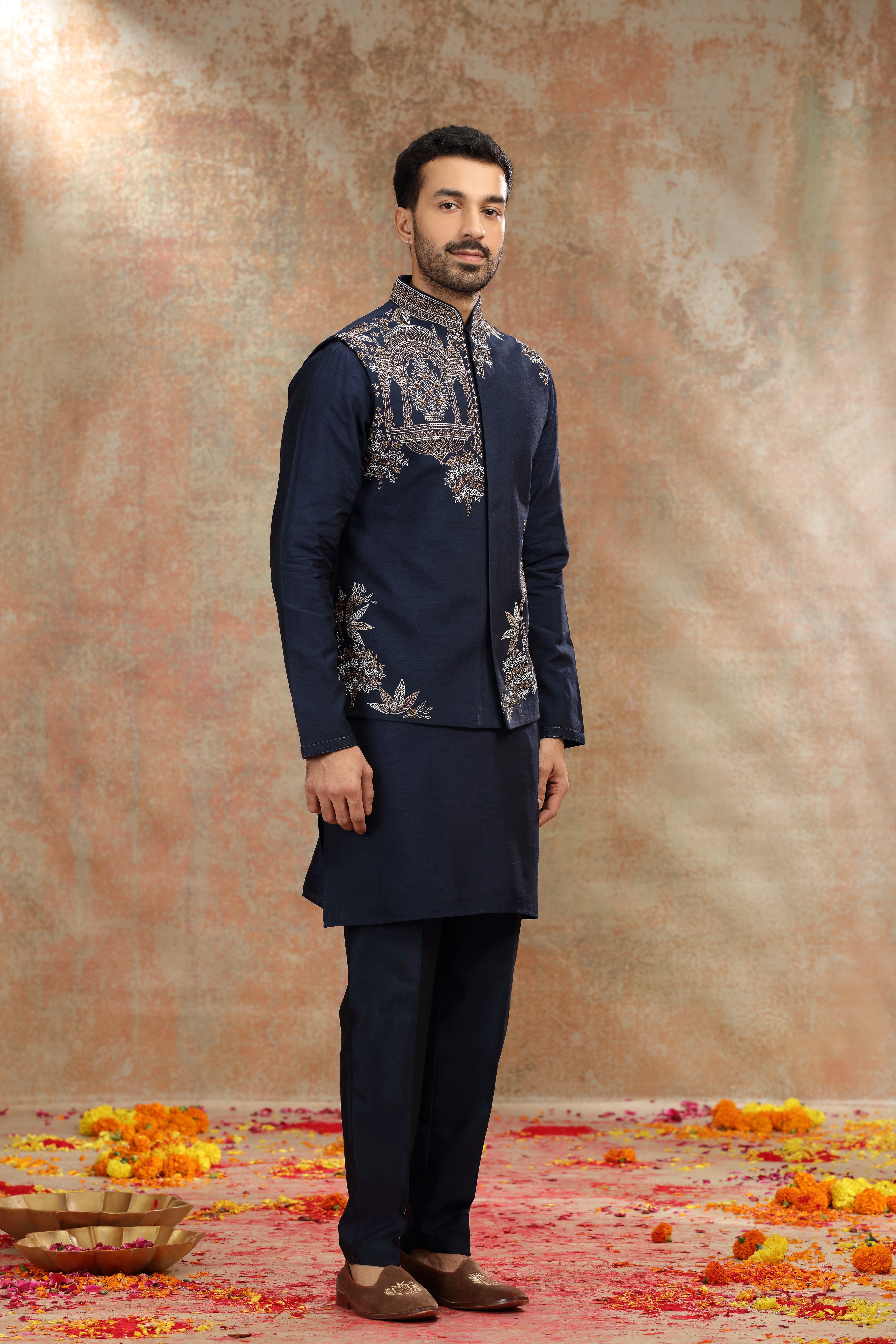 Navy Blue Silk Koti Kurta with Resham & Cutdana Work