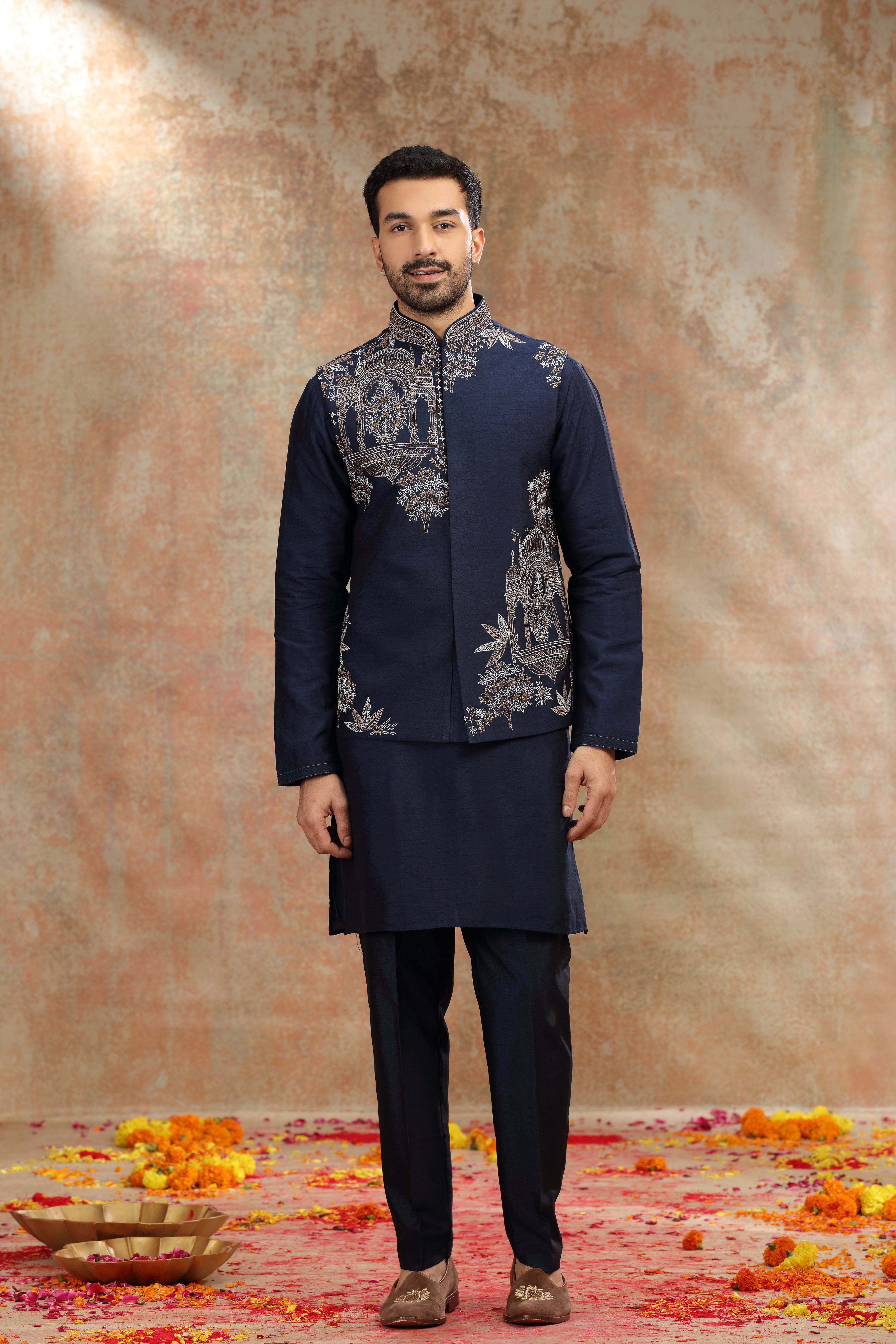 Navy Blue Silk Koti Kurta with Resham & Cutdana Work