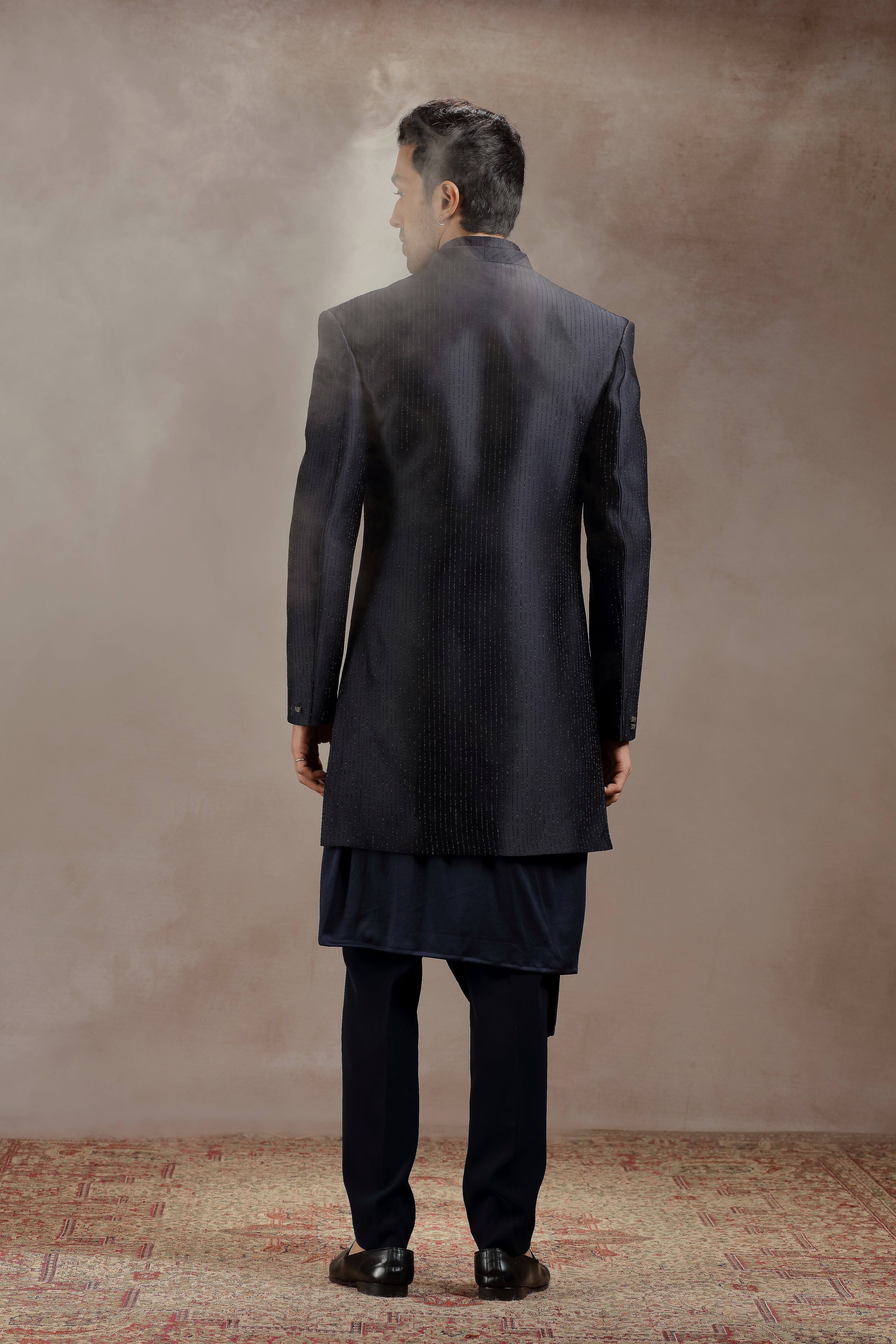 Black Silk Indowestern With All-Over Line Embroidery - Shreeman