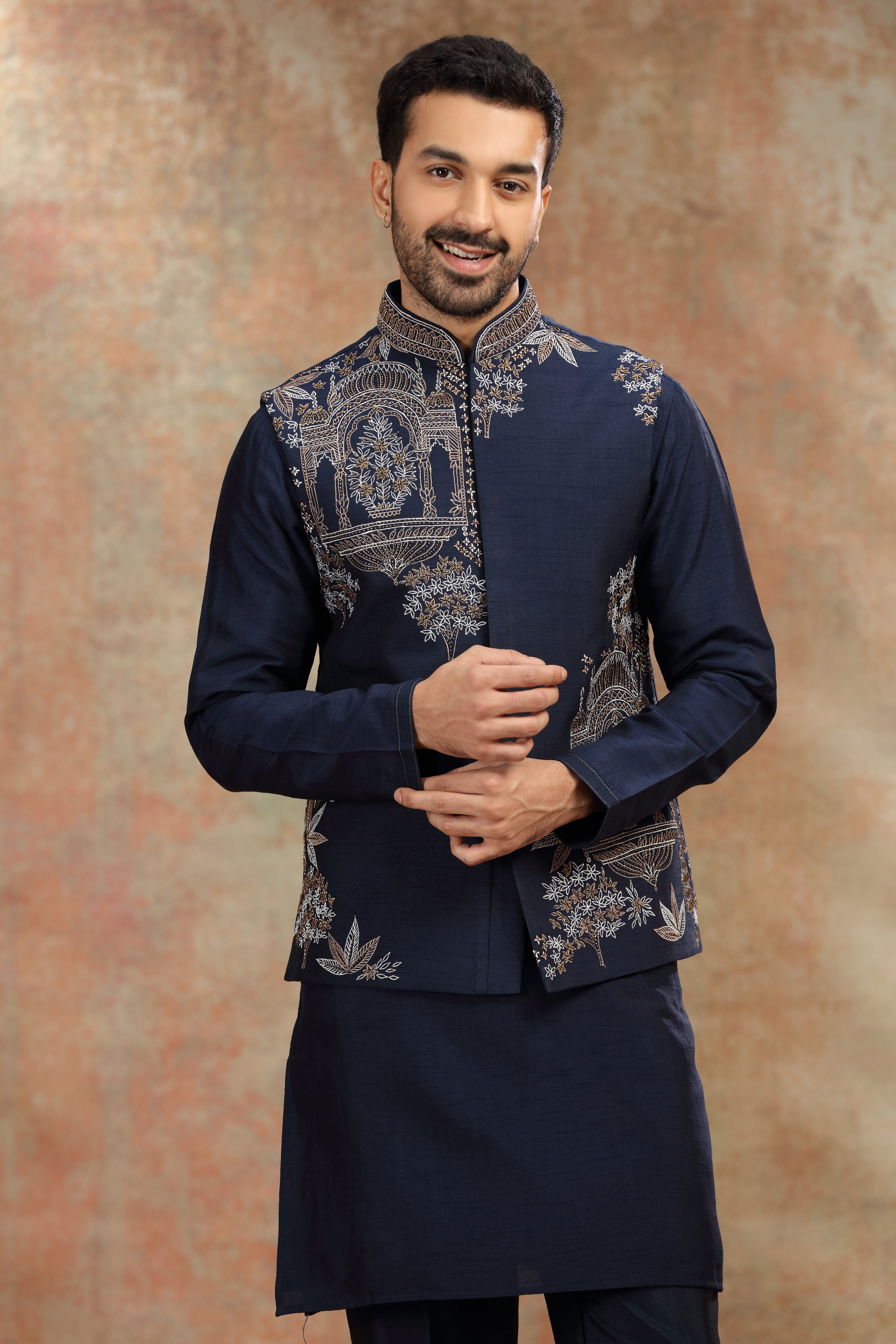 Navy Blue Silk Koti Kurta with Resham & Cutdana Work