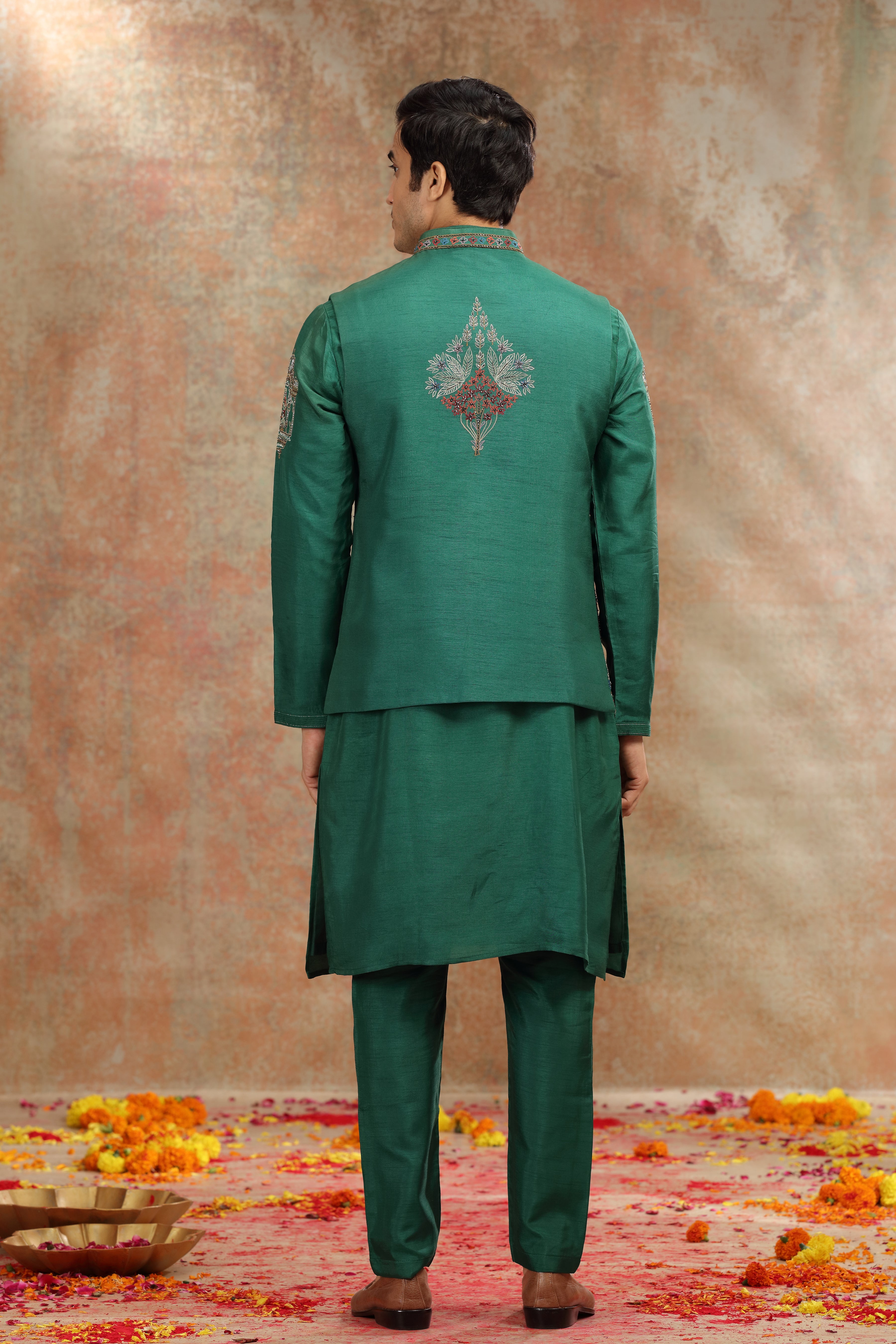 Dark Green Silk Koti Kurta Set with Resham, Cutdana