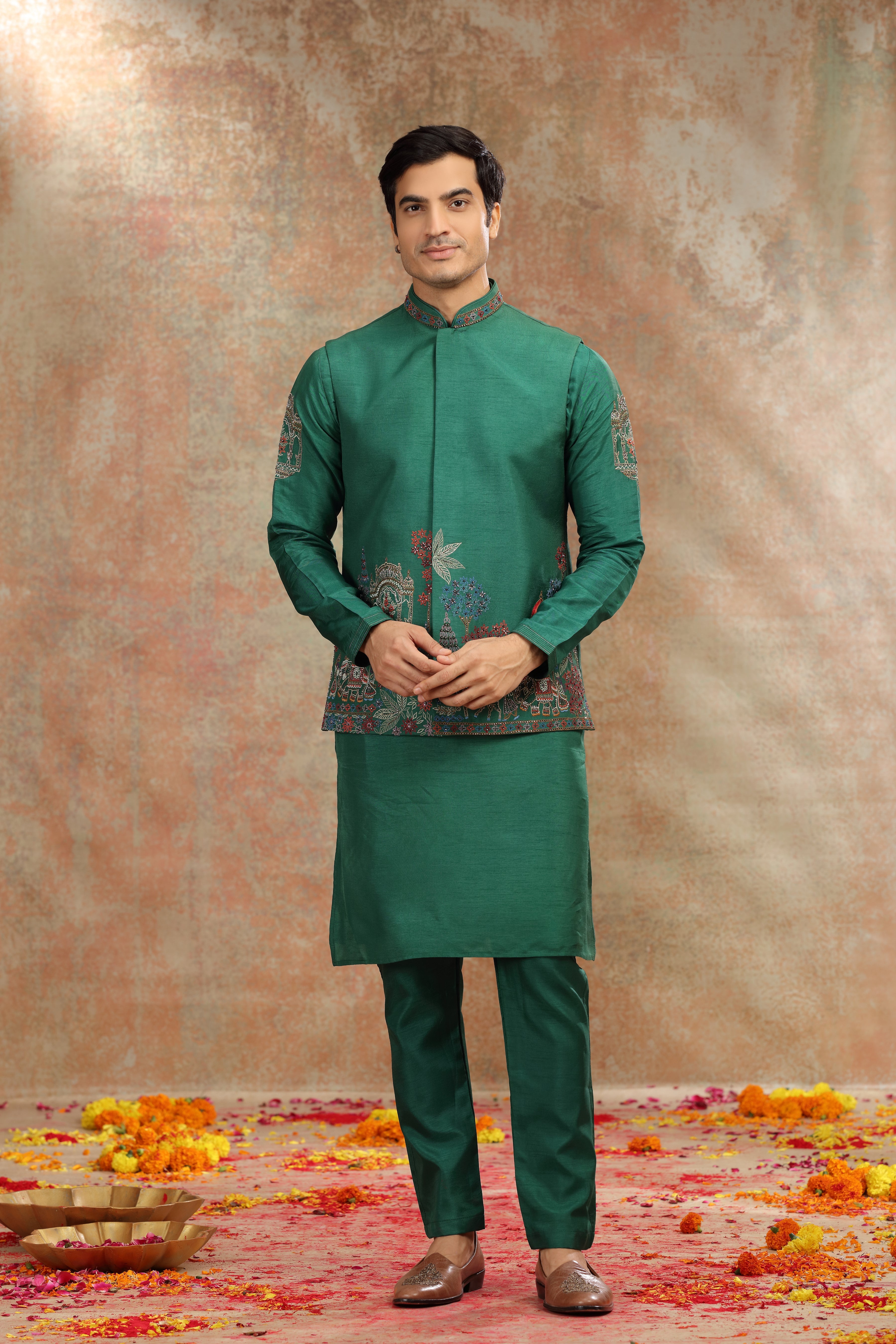 Dark Green Silk Koti Kurta Set with Resham, Cutdana