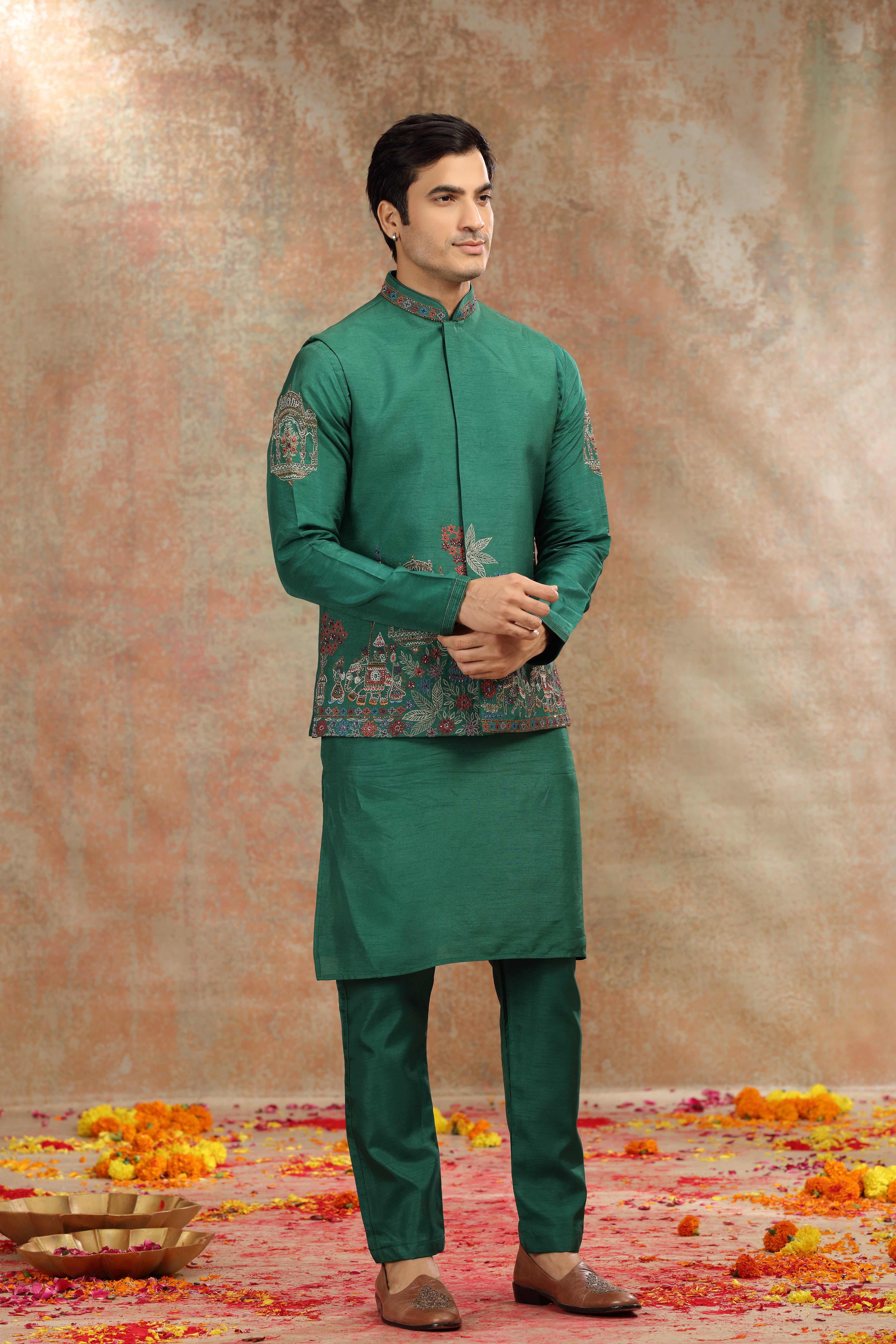 Dark Green Silk Koti Kurta Set with Resham, Cutdana