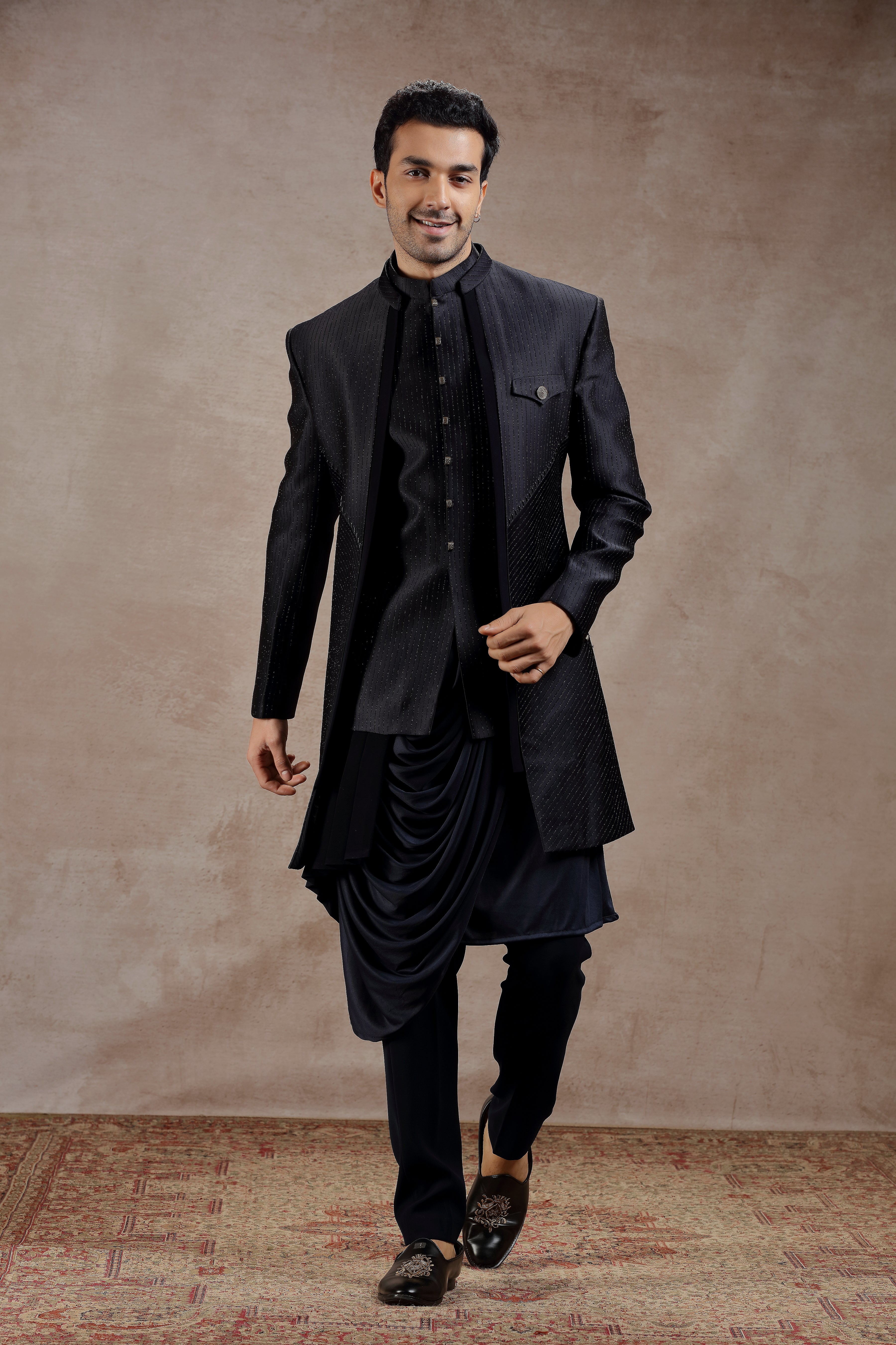 Black Silk Indowestern With All-Over Line Embroidery - Shreeman