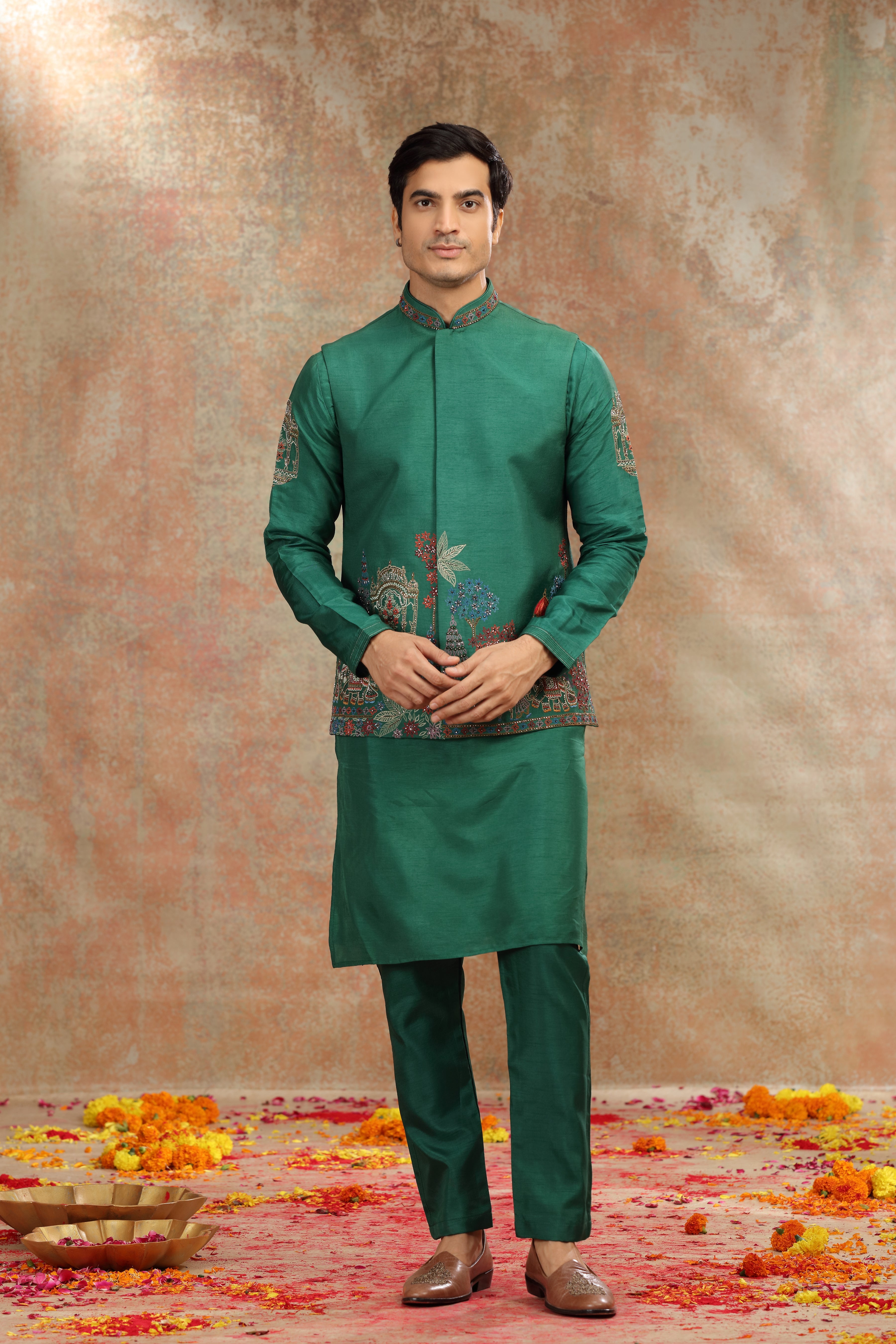Dark Green Silk Koti Kurta Set with Resham, Cutdana