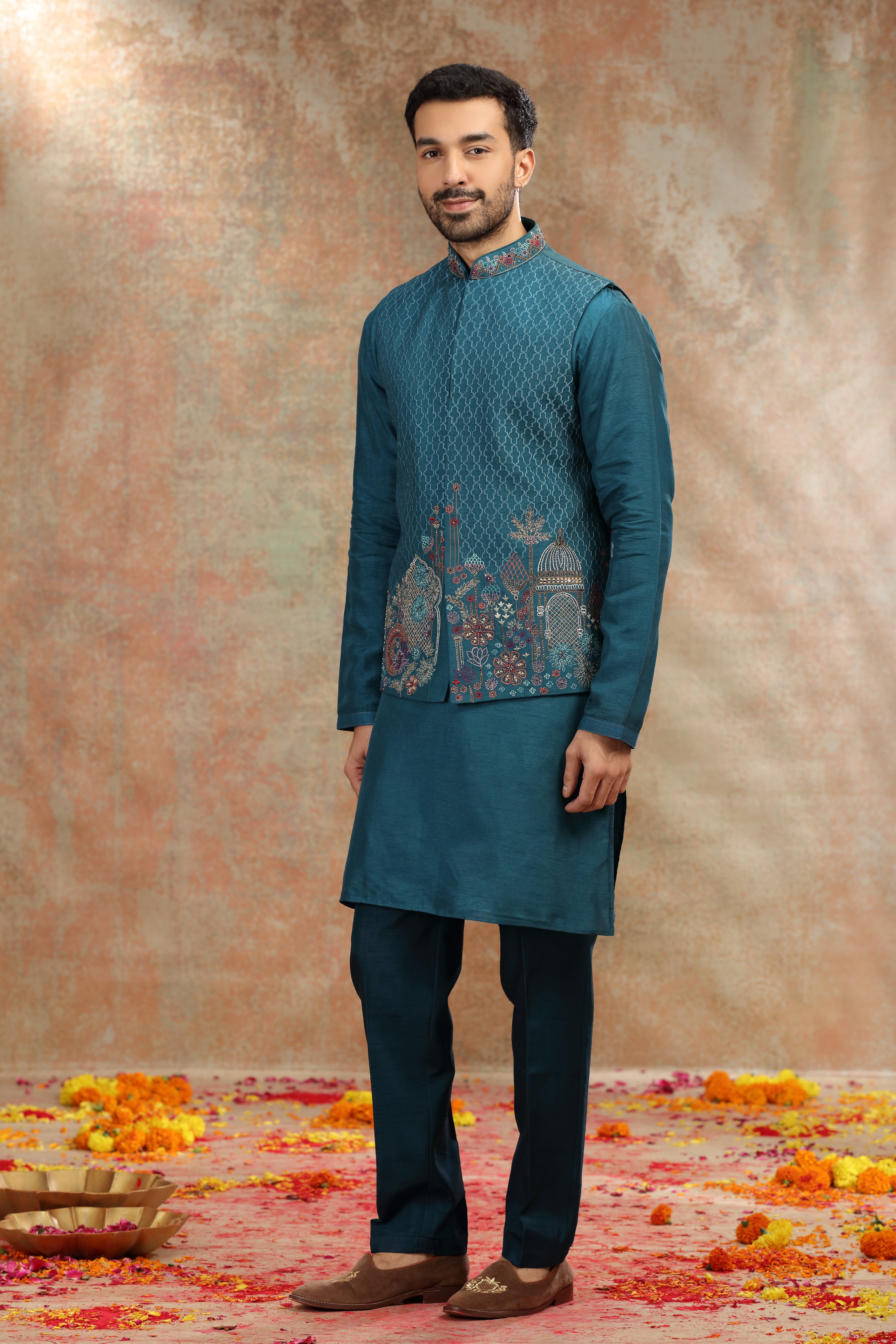 Teal Silk Koti Kurta with Resham, Cutdana and Mirror Work