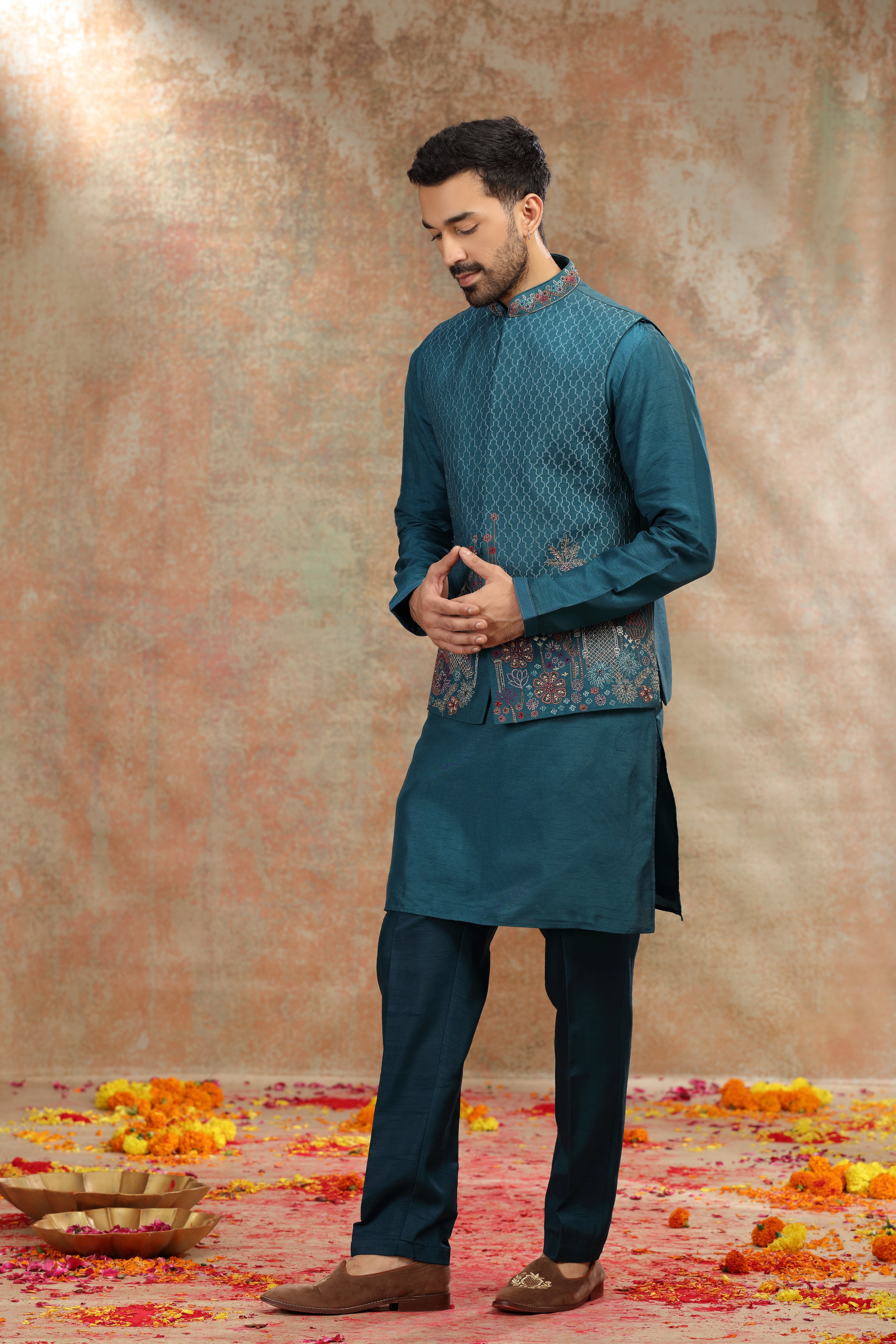 Teal Silk Koti Kurta with Resham, Cutdana and Mirror Work