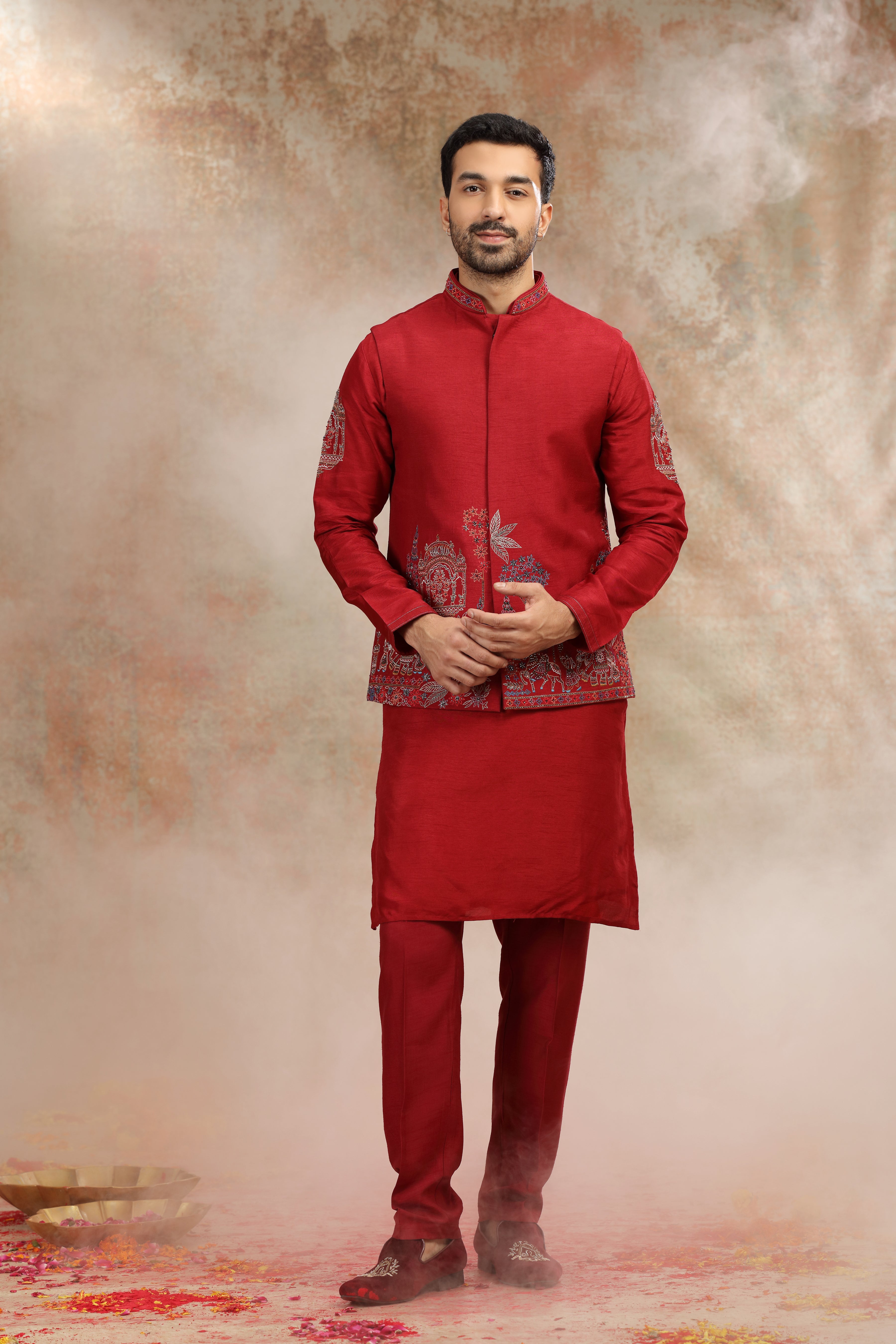 Red Silk Koti Kurta with Resham & Cutdana Work