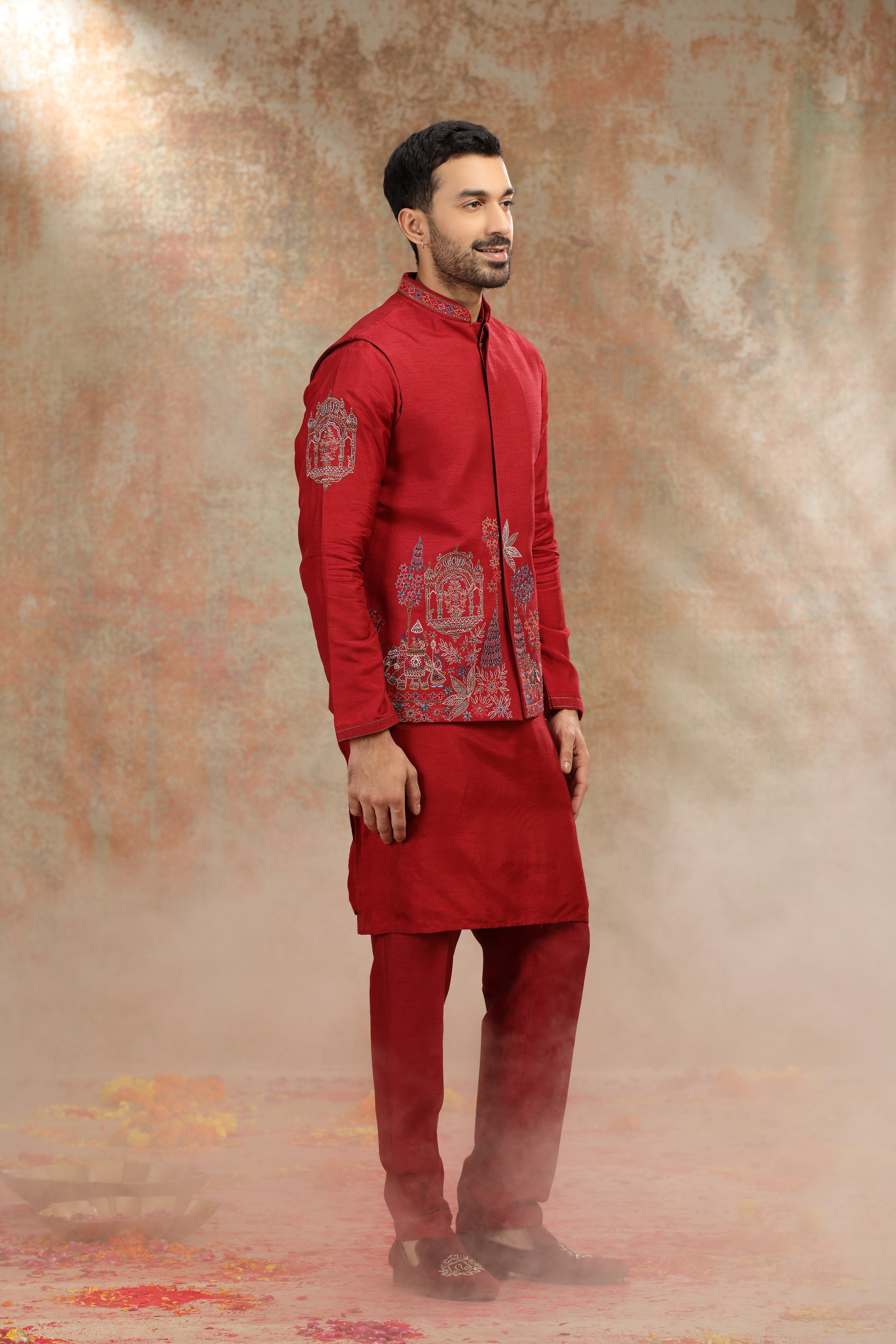 Red Silk Koti Kurta with Resham & Cutdana Work
